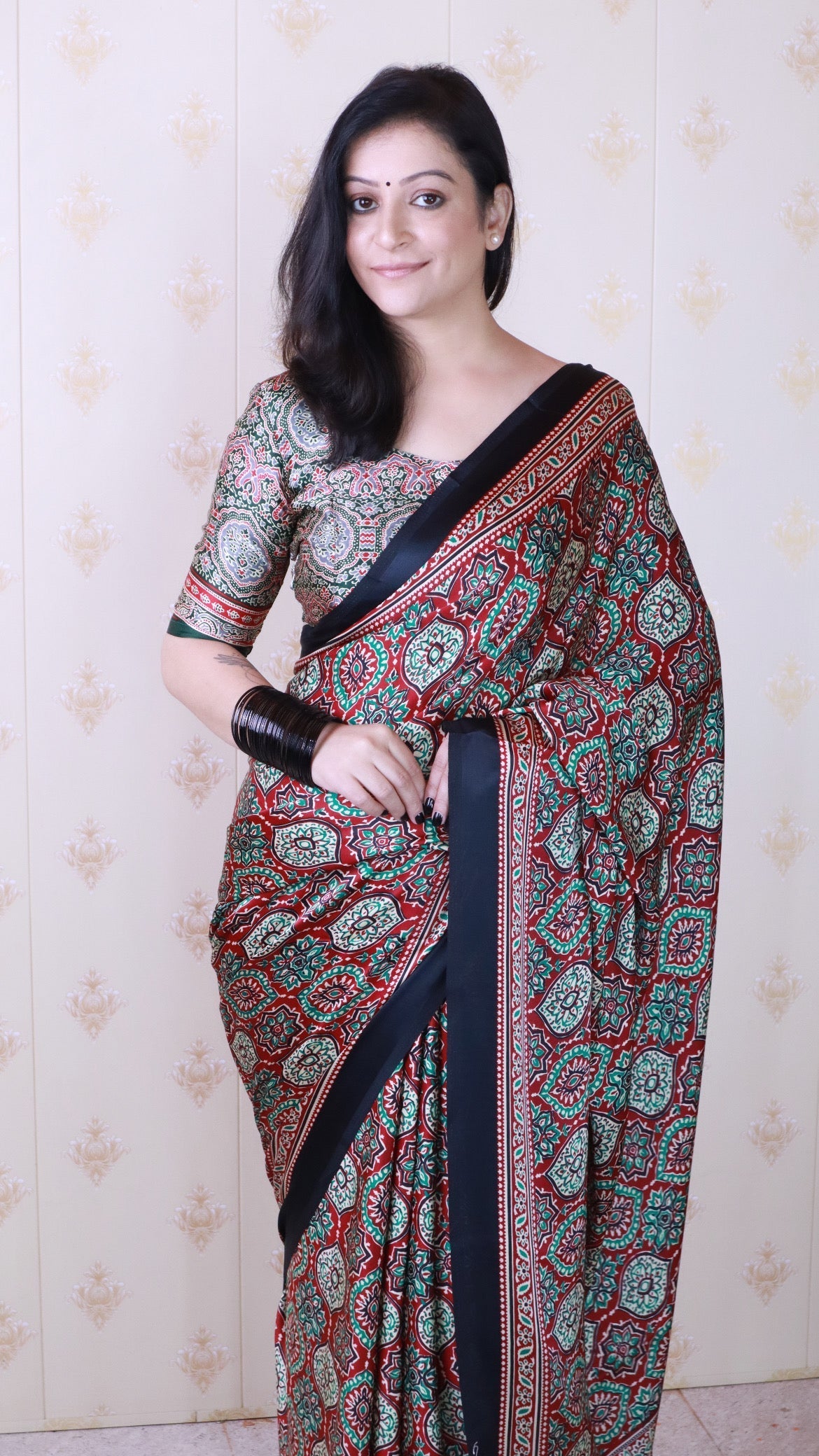 Luxurious Maroon Ajrakh Printed Soft Modal Silk Natural Print Saree P2