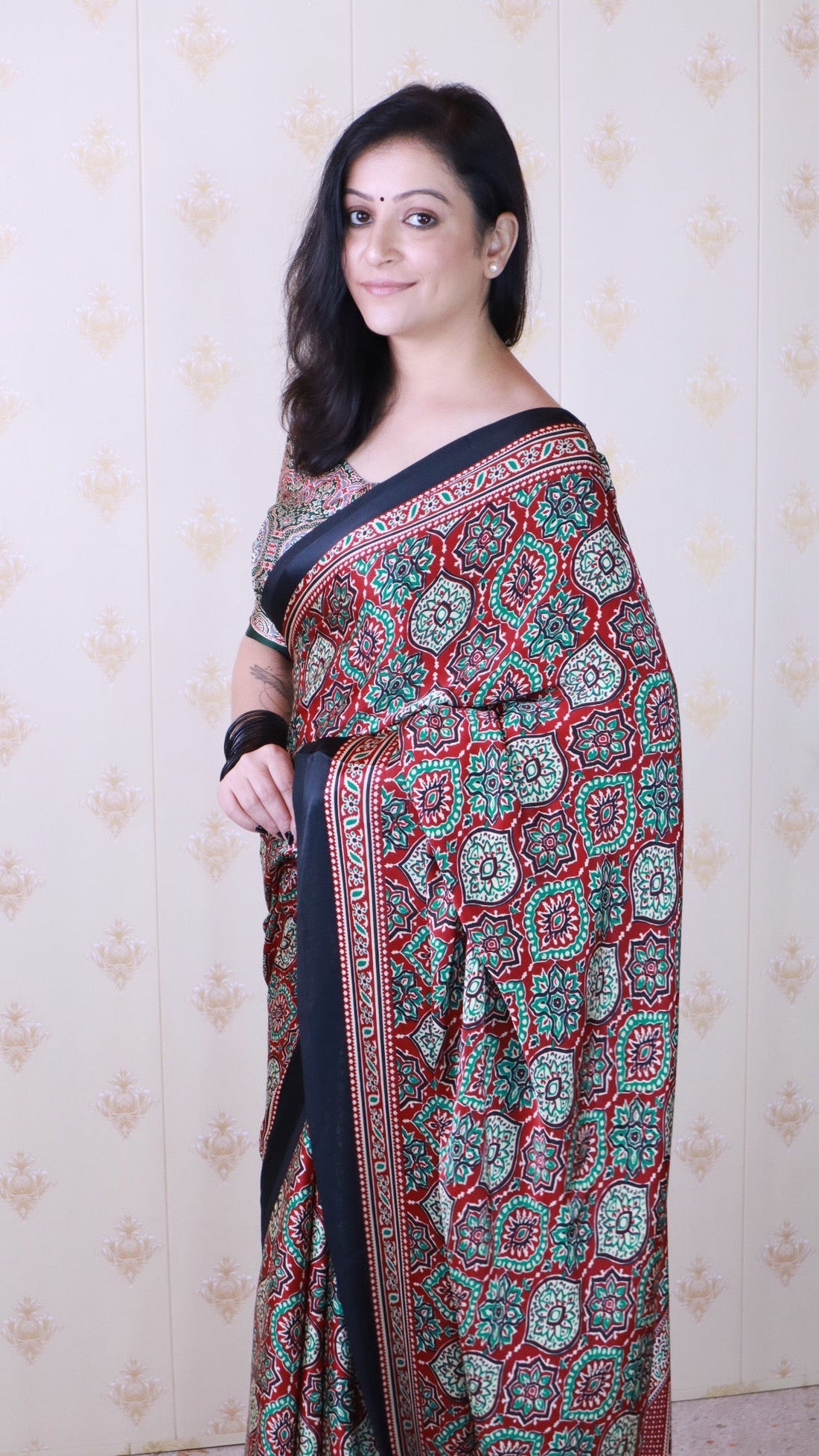 Luxurious Maroon Ajrakh Printed Soft Modal Silk Natural Print Saree P2