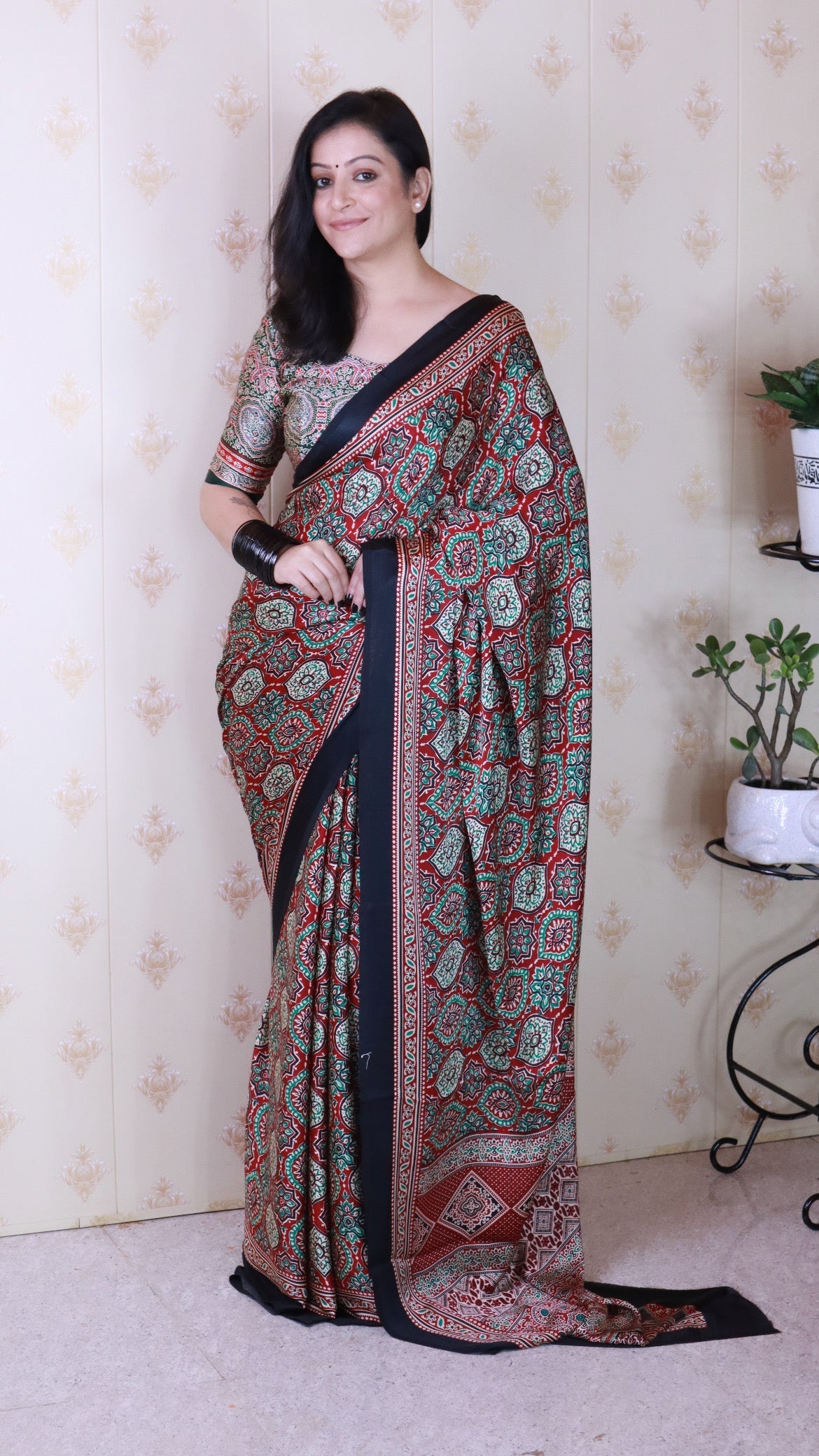 Luxurious Maroon Ajrakh Printed Soft Modal Silk Natural Print Saree P2
