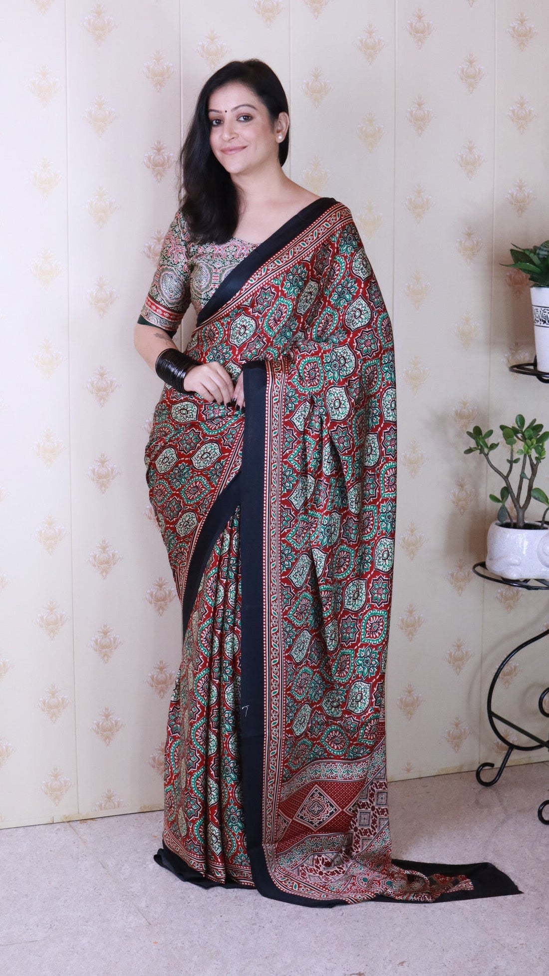 Luxurious Maroon Ajrakh Printed Soft Modal Silk Natural Print Saree P2