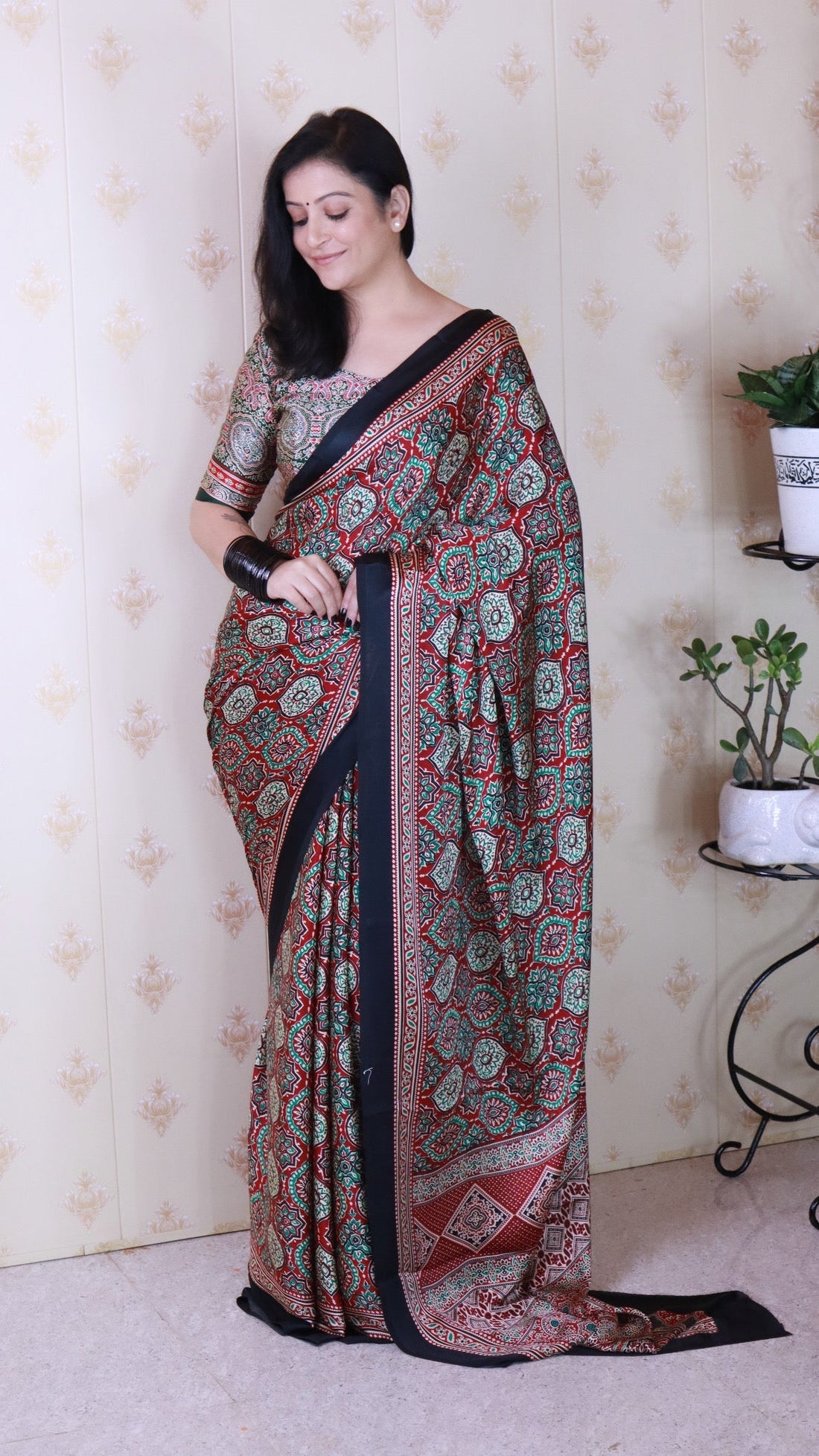 Luxurious Maroon Ajrakh Printed Soft Modal Silk Natural Print Saree P2