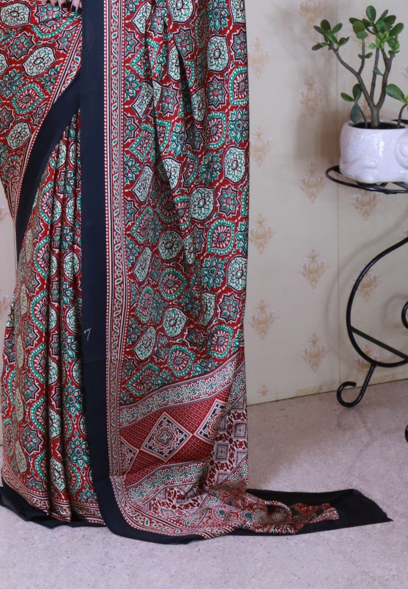 Luxurious Maroon Ajrakh Printed Soft Modal Silk Natural Print Saree P2
