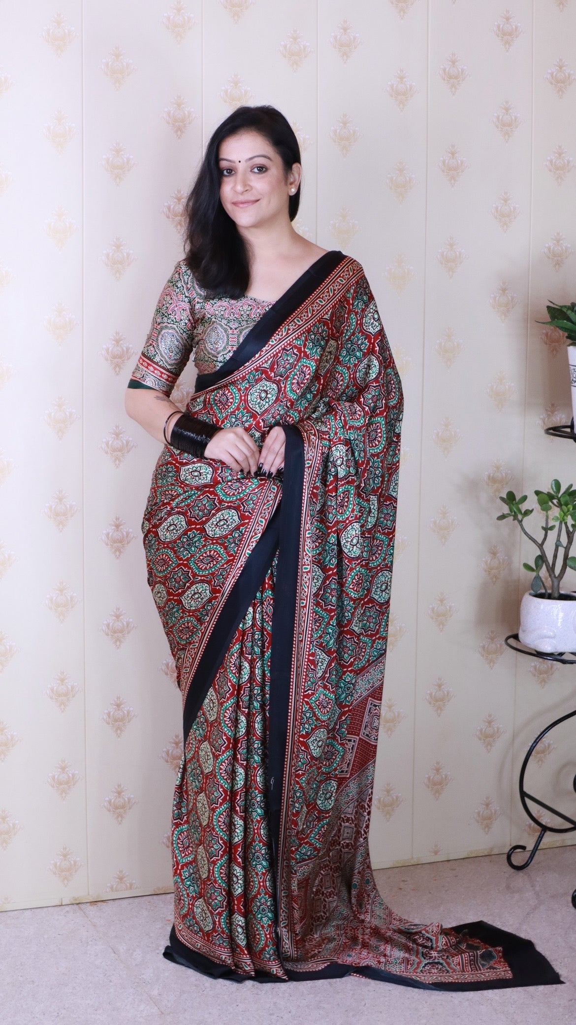Luxurious Maroon Ajrakh Printed Soft Modal Silk Natural Print Saree P2