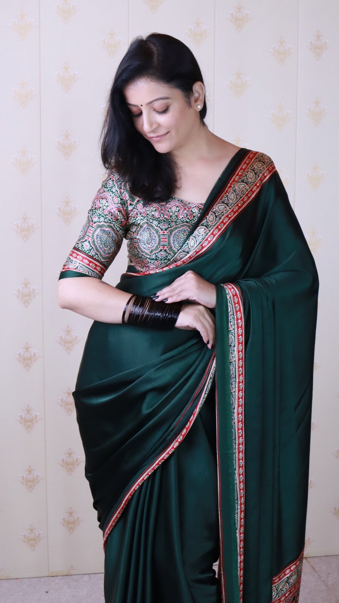 Richness Green Ajrakh Hand-Printed Modal Silk Saree With Blouse