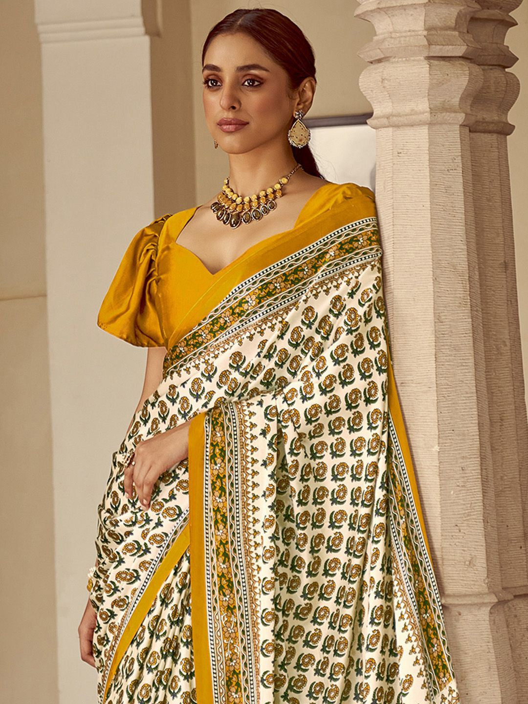 Snowy White And Yellow New Ajrakh Printed Satin Crepe Saree