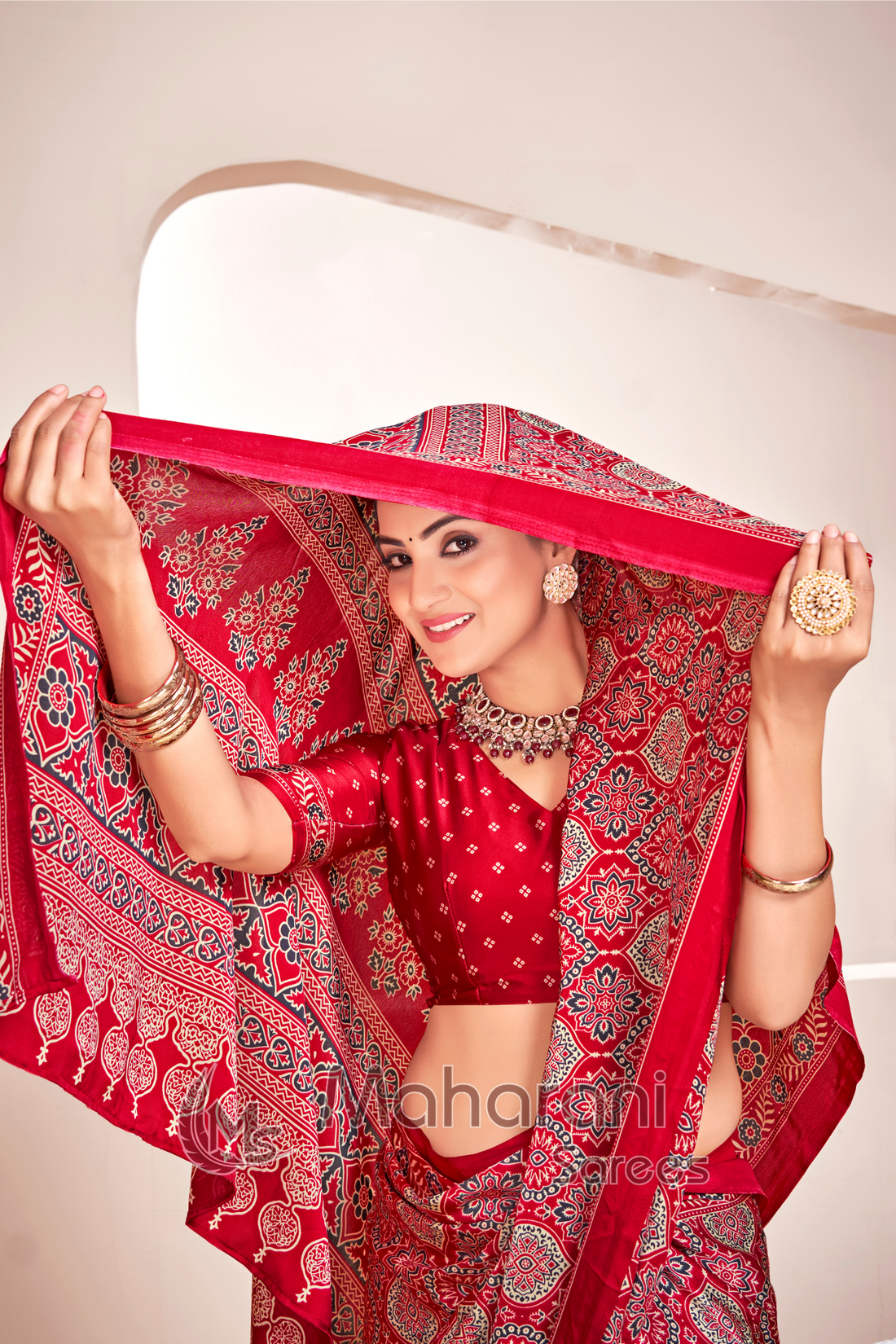 Maroon Ajrakh Printed Soft Modal Silk Natural Print Saree P2-1