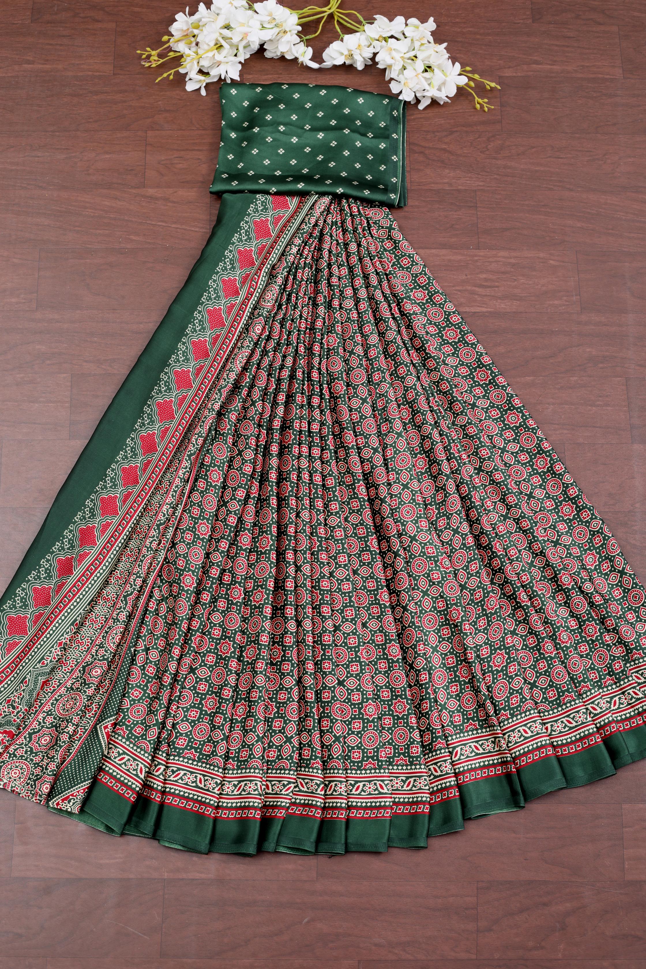 Green Ajrakh Printed Soft Modal Silk Natural Print Saree P1-1