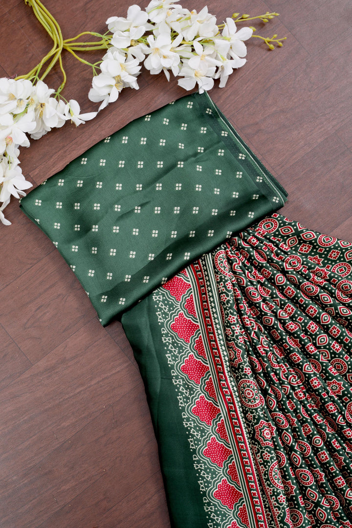 Green Ajrakh Printed Soft Modal Silk Natural Print Saree P1-1