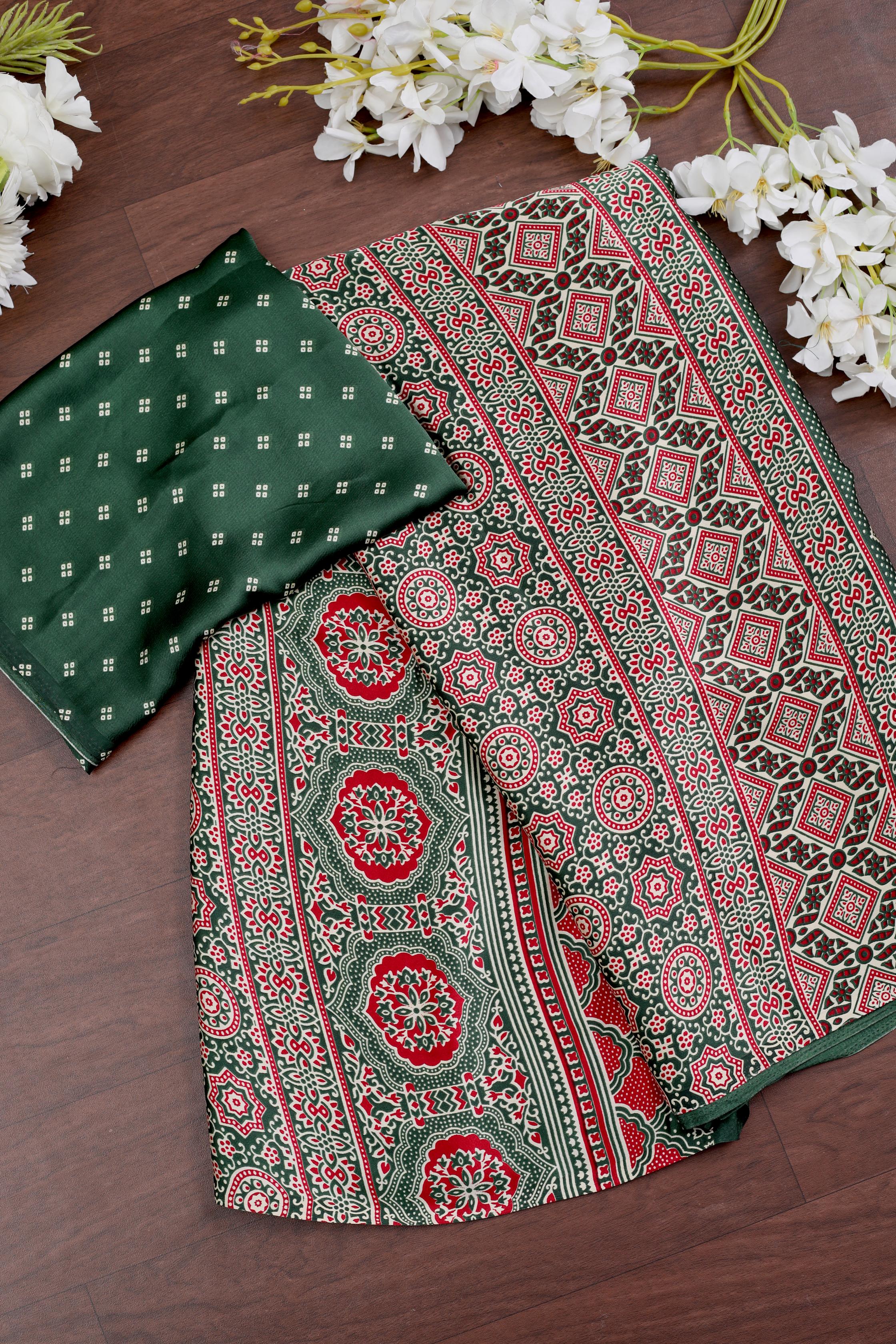 Green Ajrakh Printed Soft Modal Silk Natural Print Saree P1-1