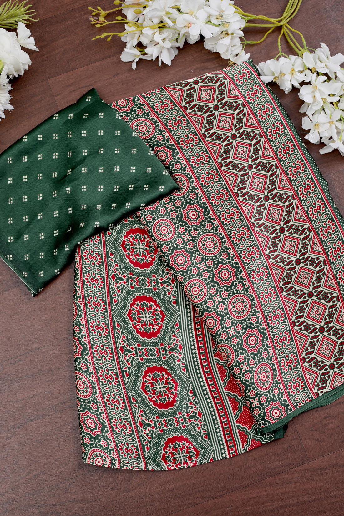 Green Ajrakh Printed Soft Modal Silk Natural Print Saree P1-1