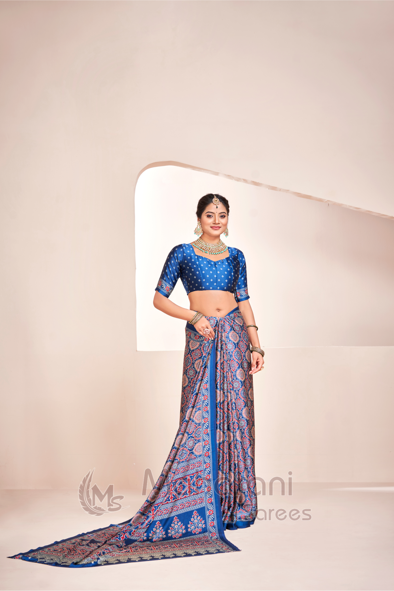 Indigo Ajrakh Printed Soft Modal Silk Natural Print Saree P2-1