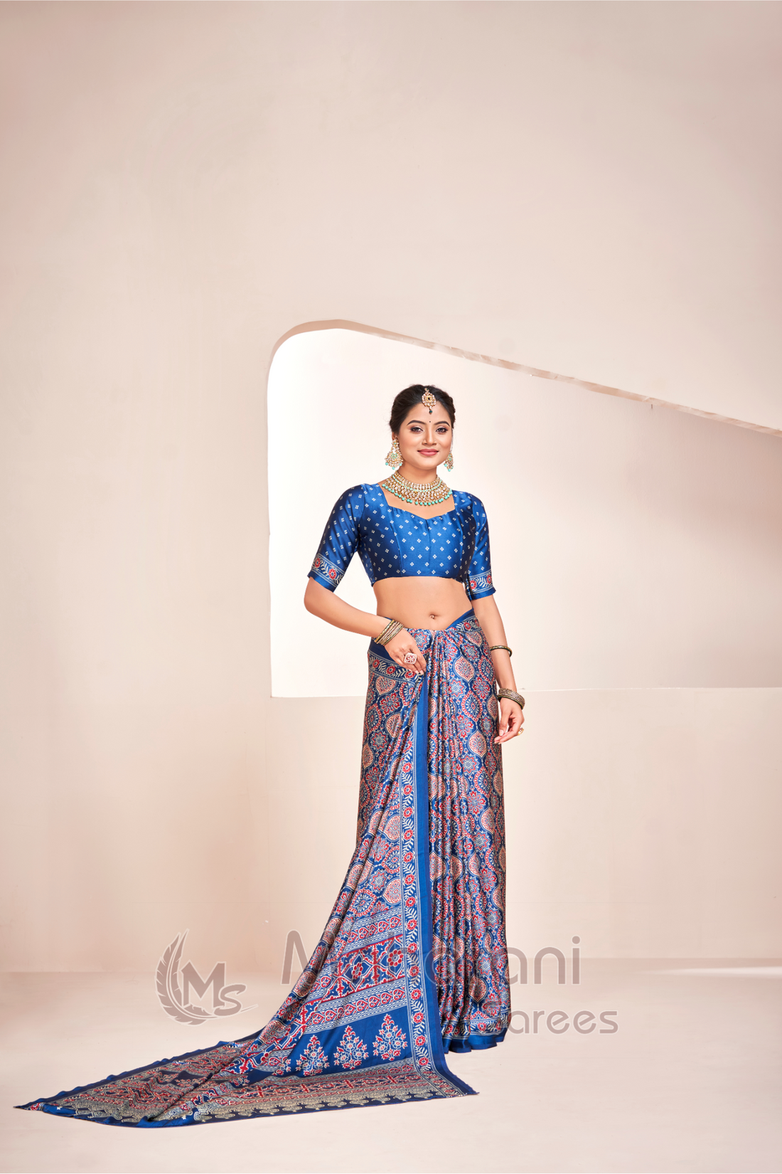 Indigo Ajrakh Printed Soft Modal Silk Natural Print Saree P2-1