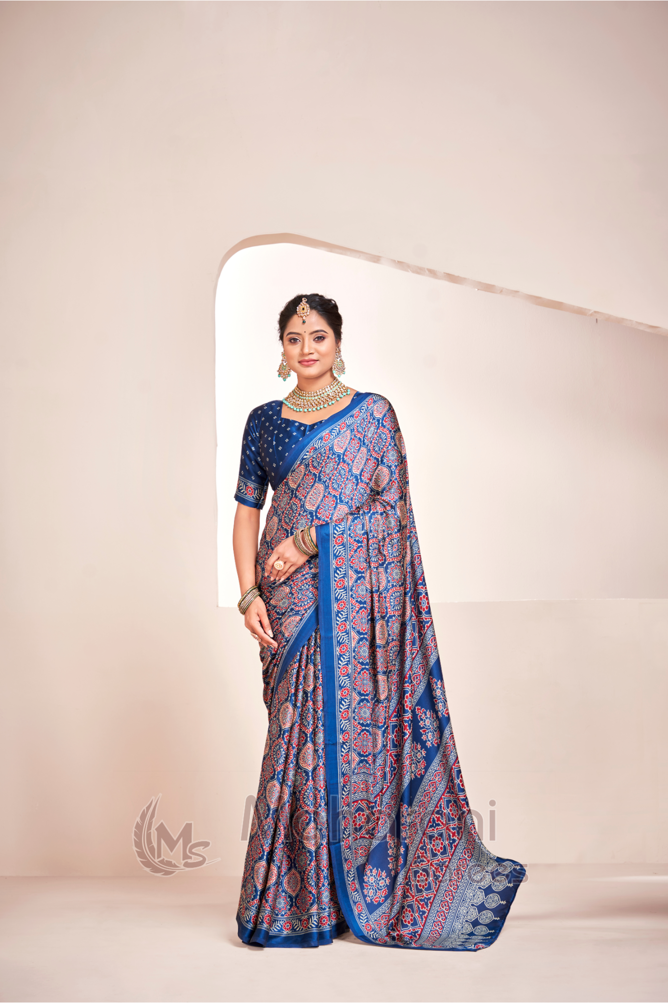 Indigo Ajrakh Printed Soft Modal Silk Natural Print Saree P2-1