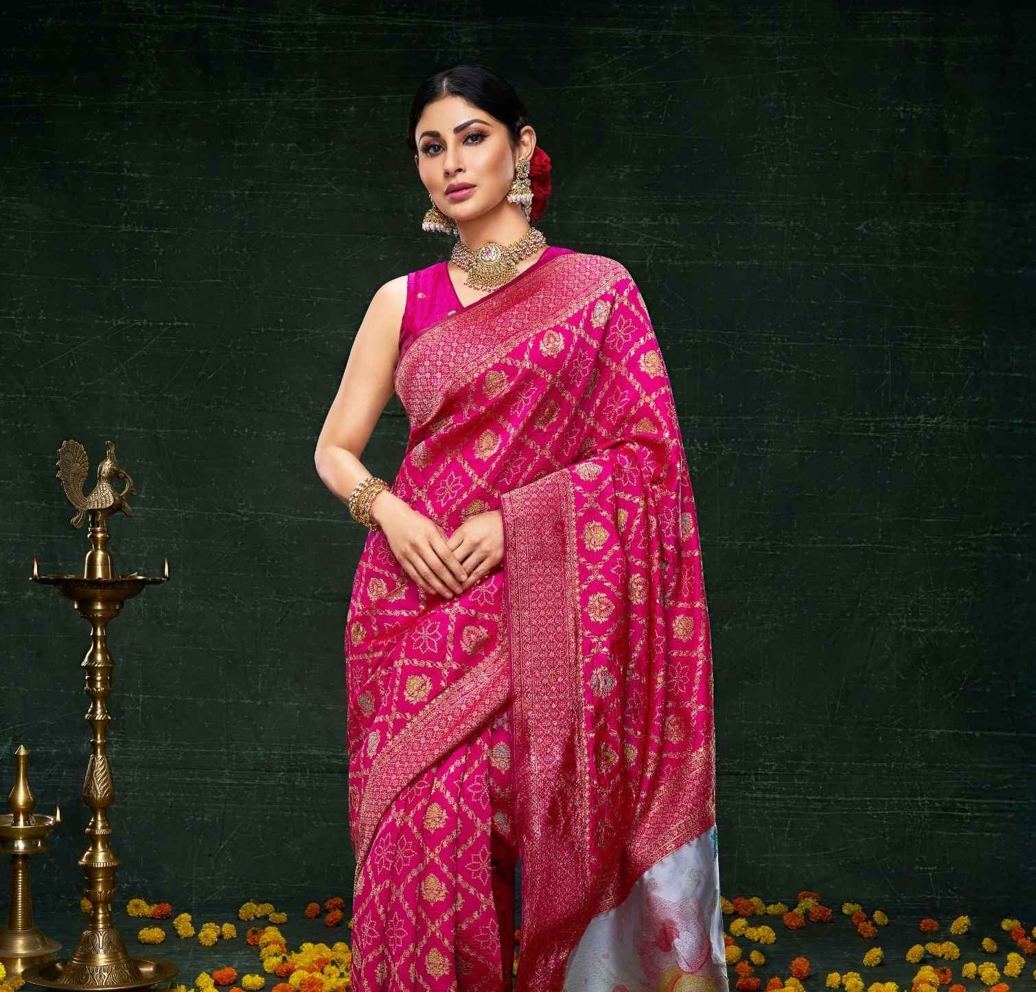 Mouni Roy Rani Pink Peacock Banarasi Saree