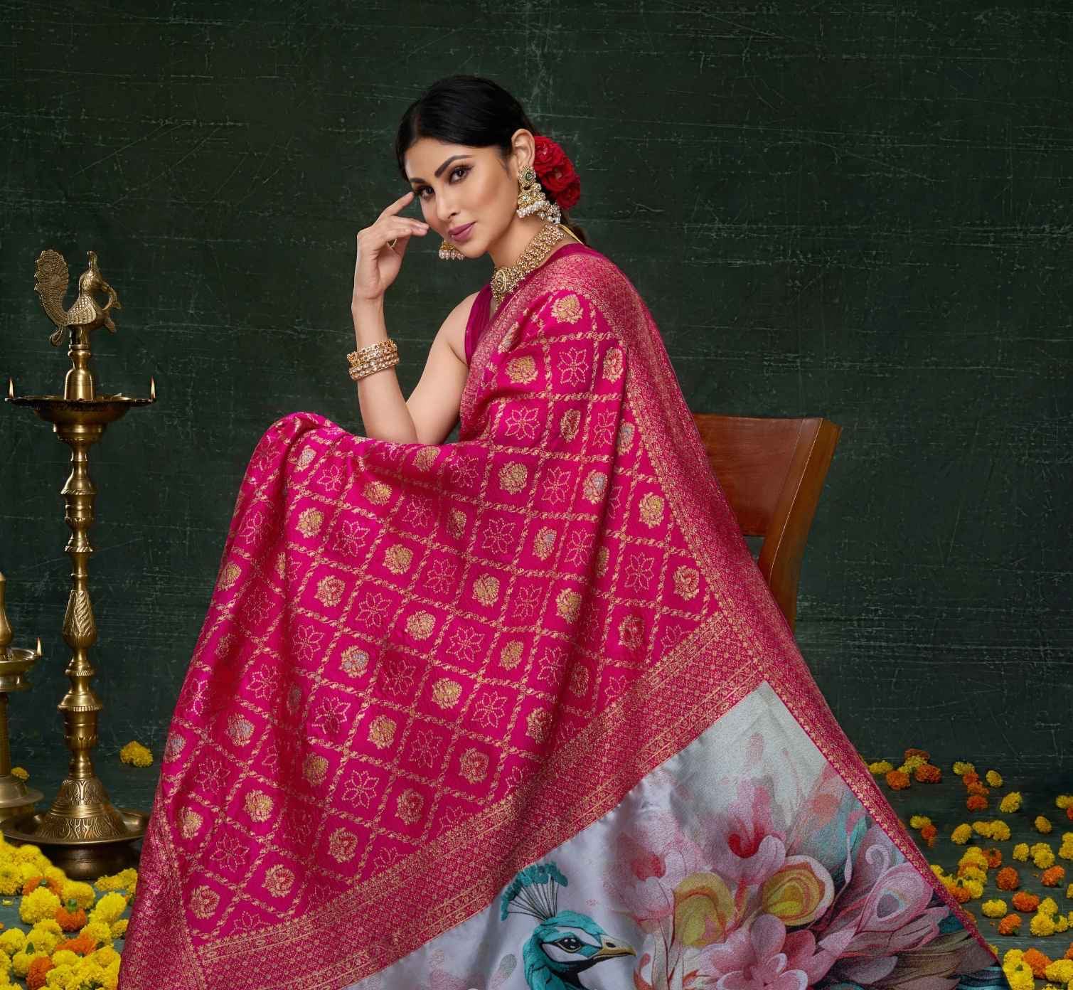 Mouni Roy Rani Pink Peacock Banarasi Saree