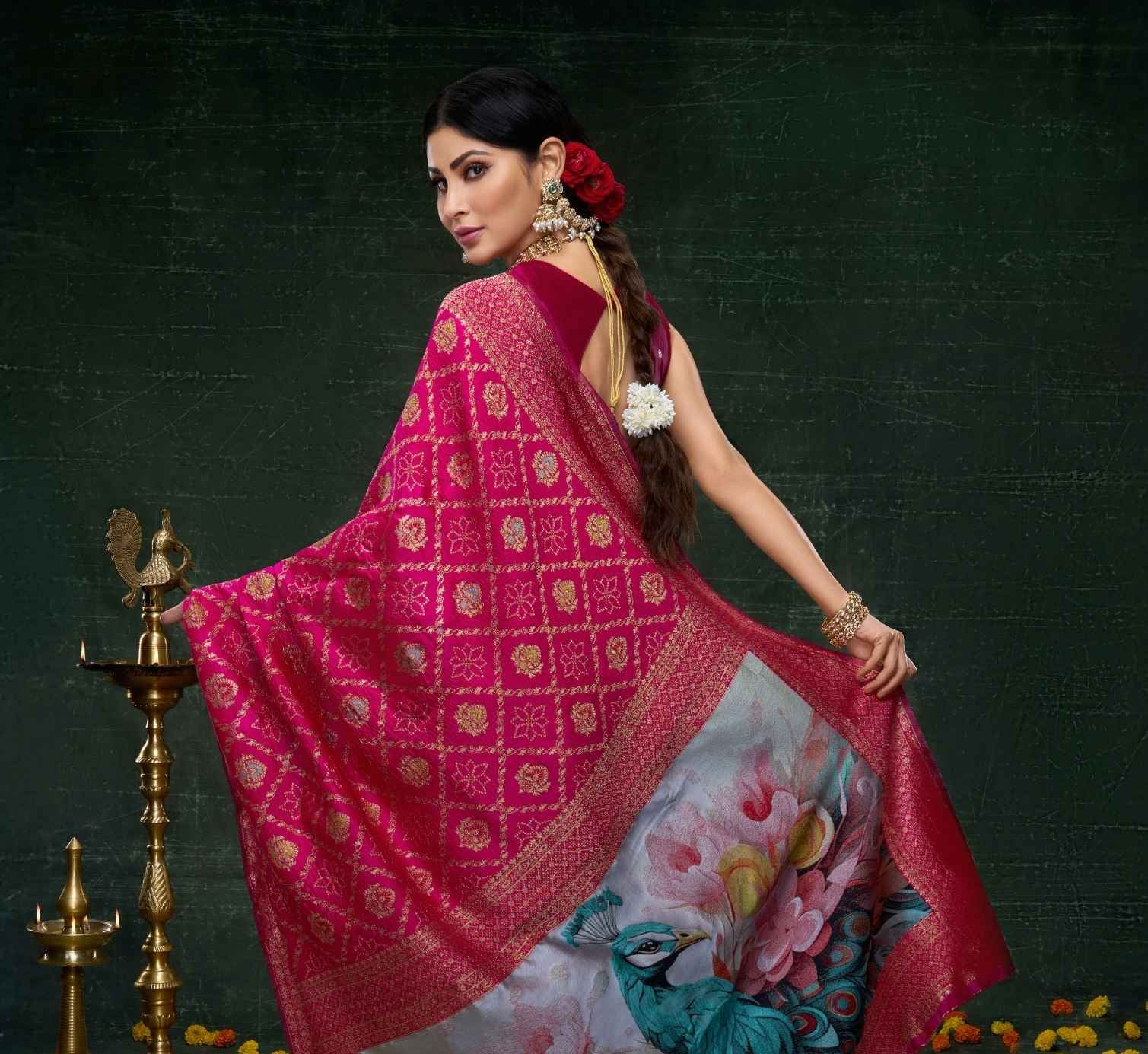 Mouni Roy Rani Pink Peacock Banarasi Saree