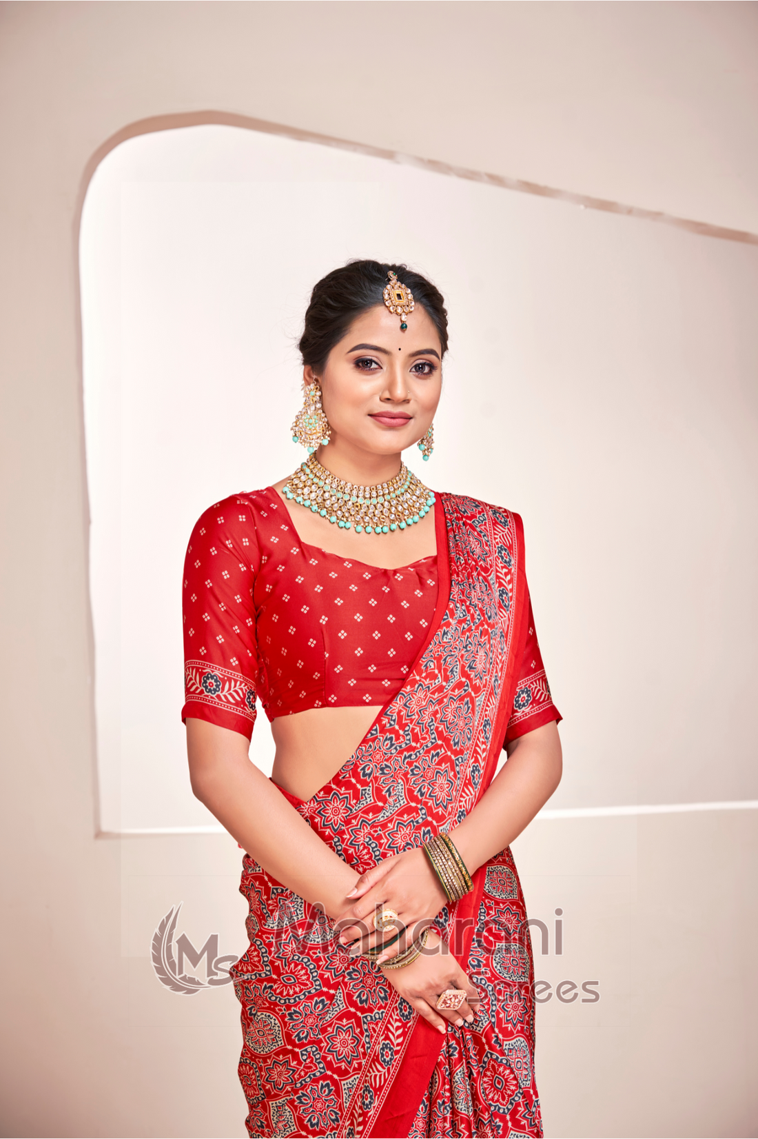 Red Ajrakh Printed Soft Modal Silk Natural Print Saree P2-1