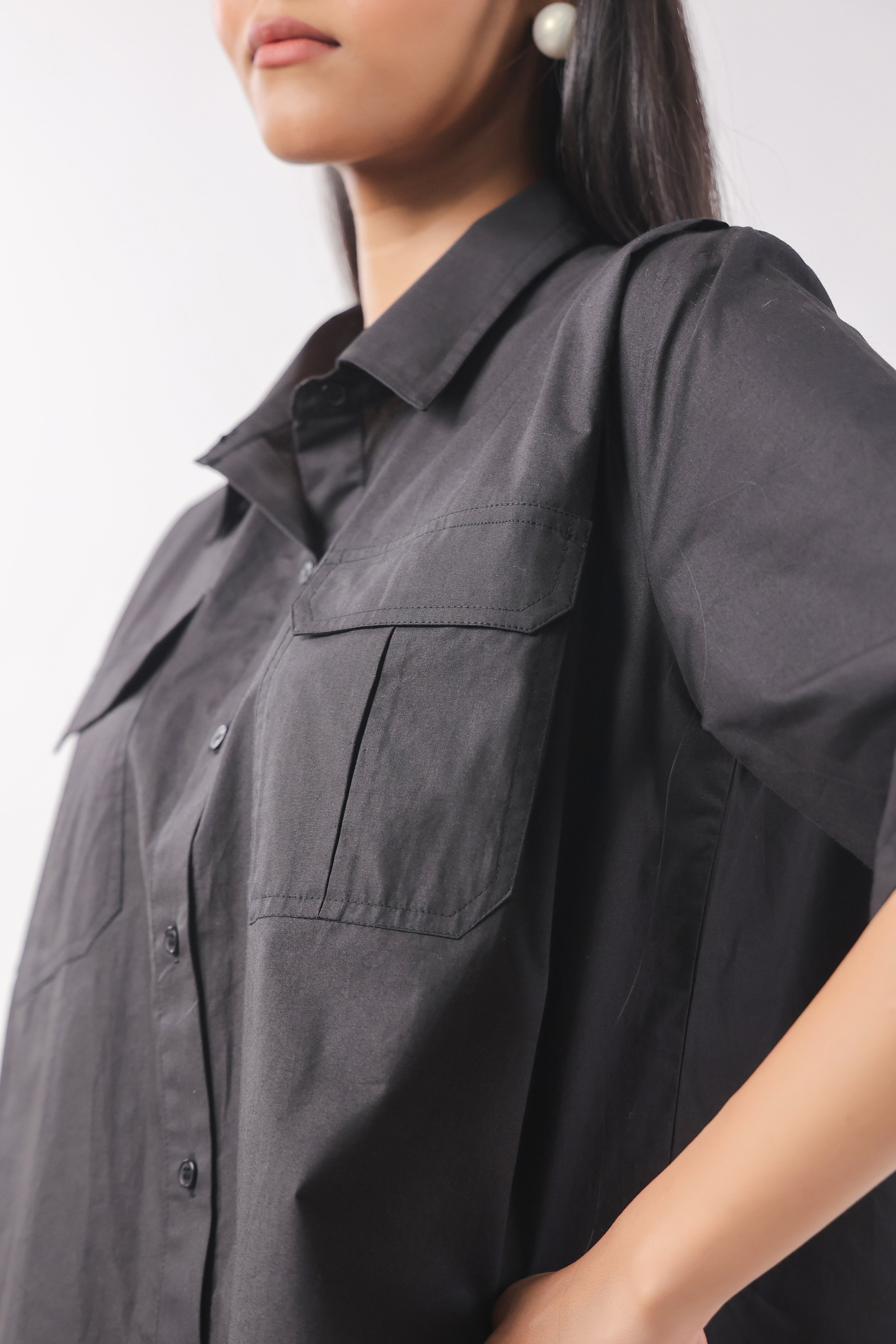 Women Black Solid Cotton Half Sleeve Shirt Collar Co-Ord Set