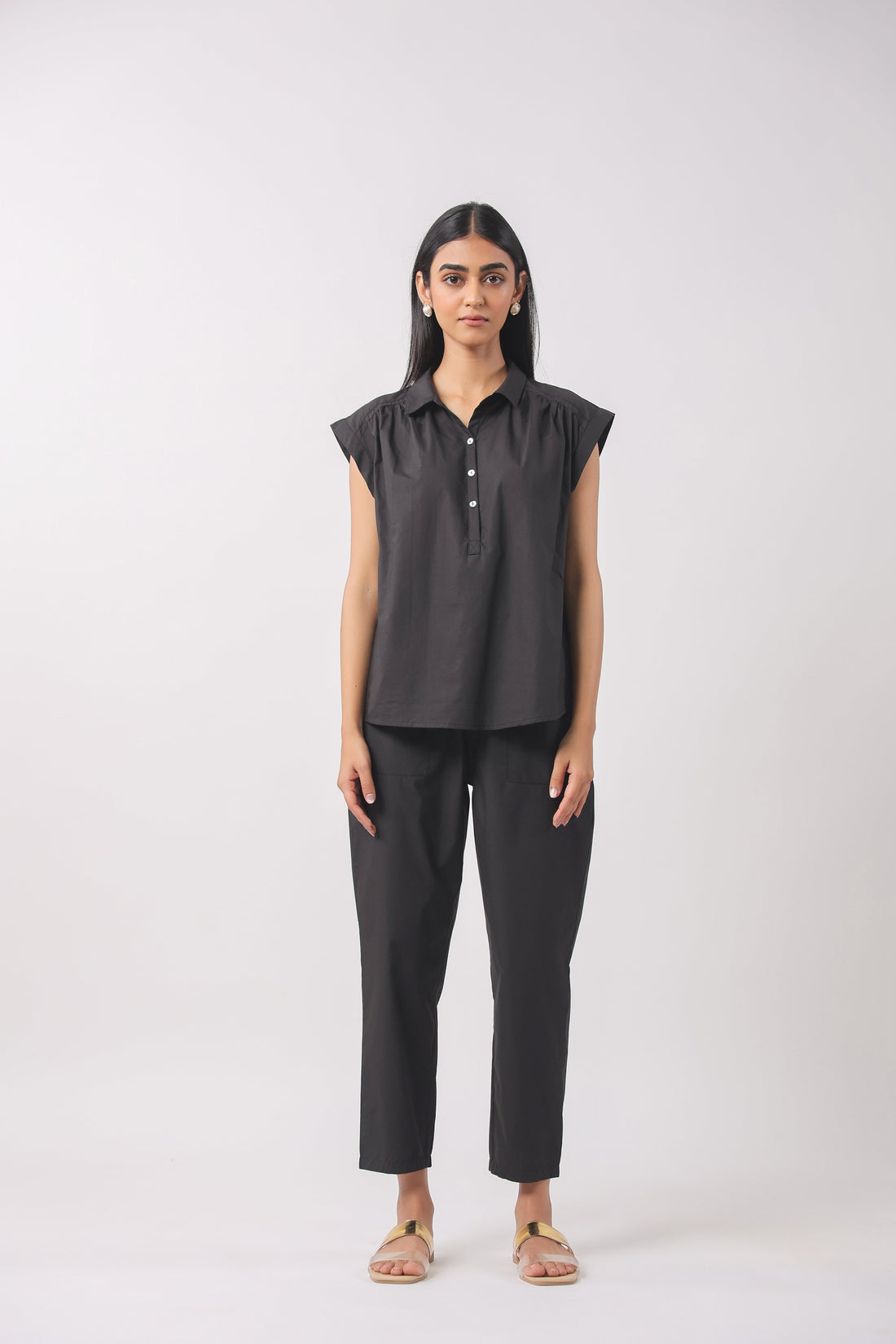 Women’s Black Cotton Top with Black Pants Co-Ord Set