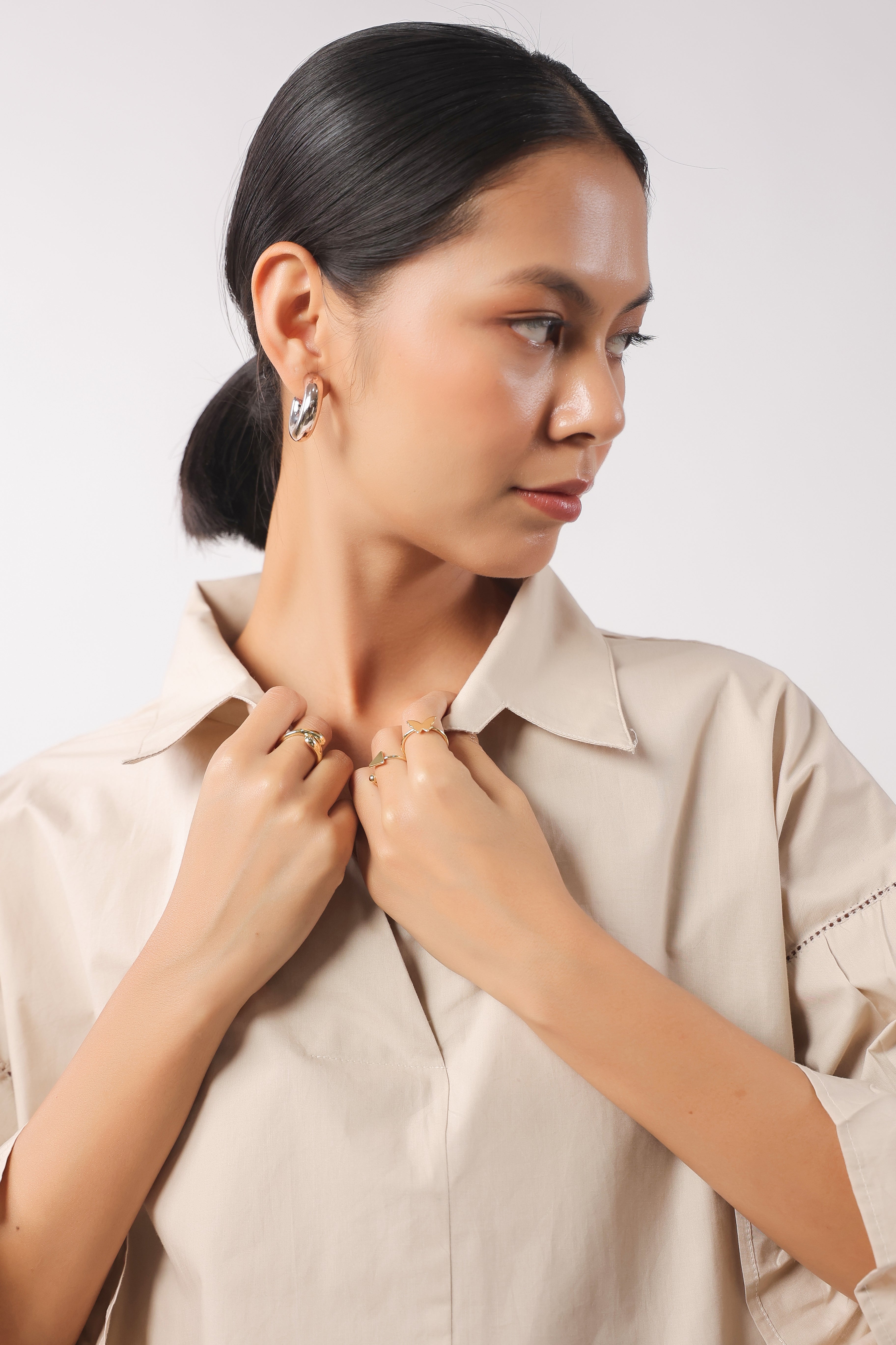 Women Beige Solid Cotton 3/4 Sleeve Shirt Collar Co-Ord Set