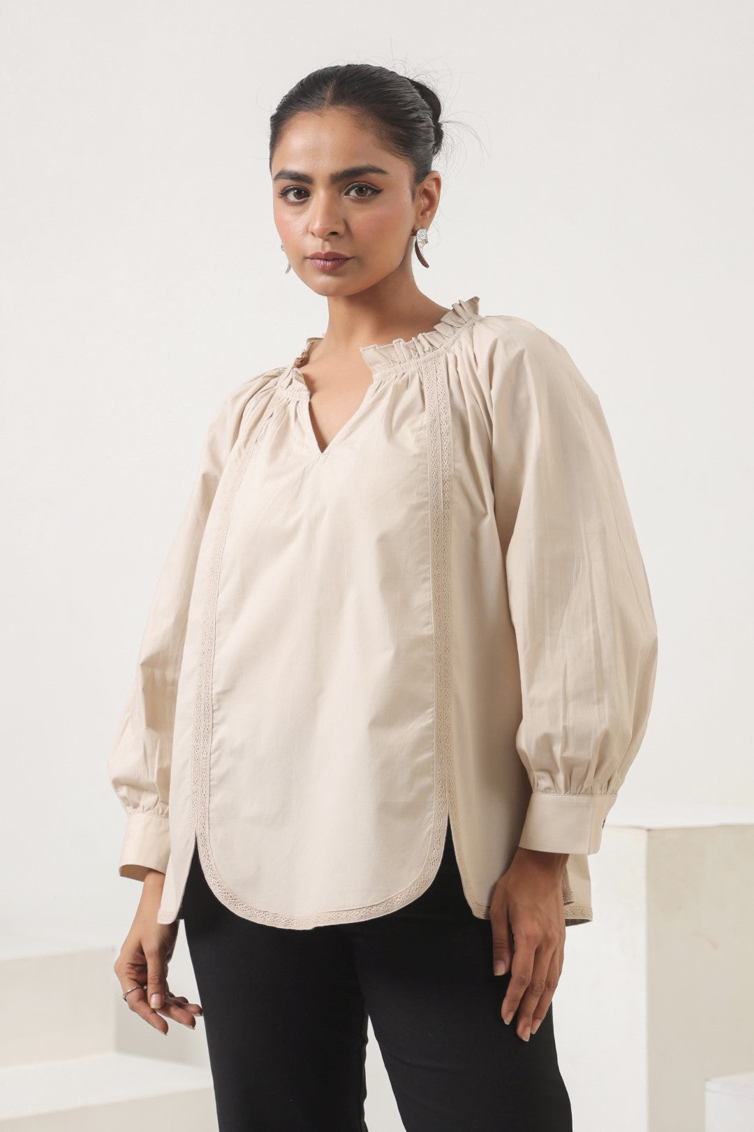 Women Cotton Beige Top With laces