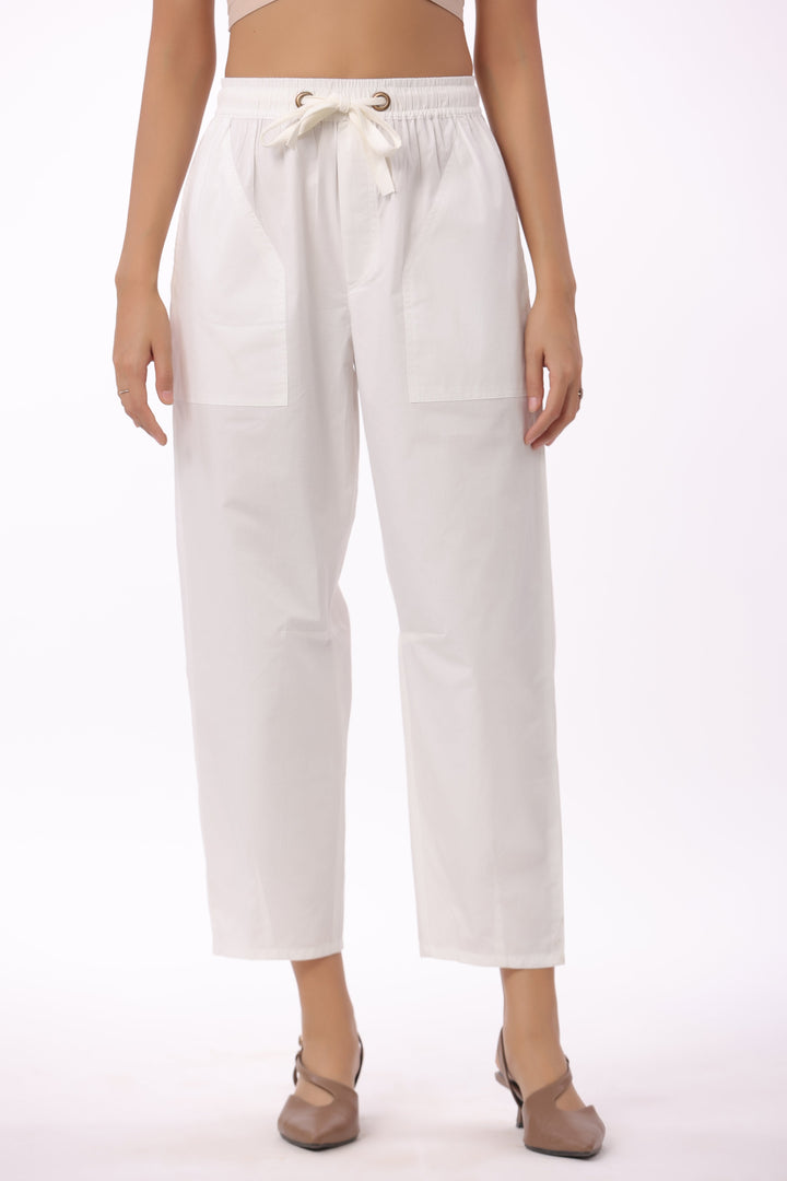 Women’s White Solid Cotton Trouser