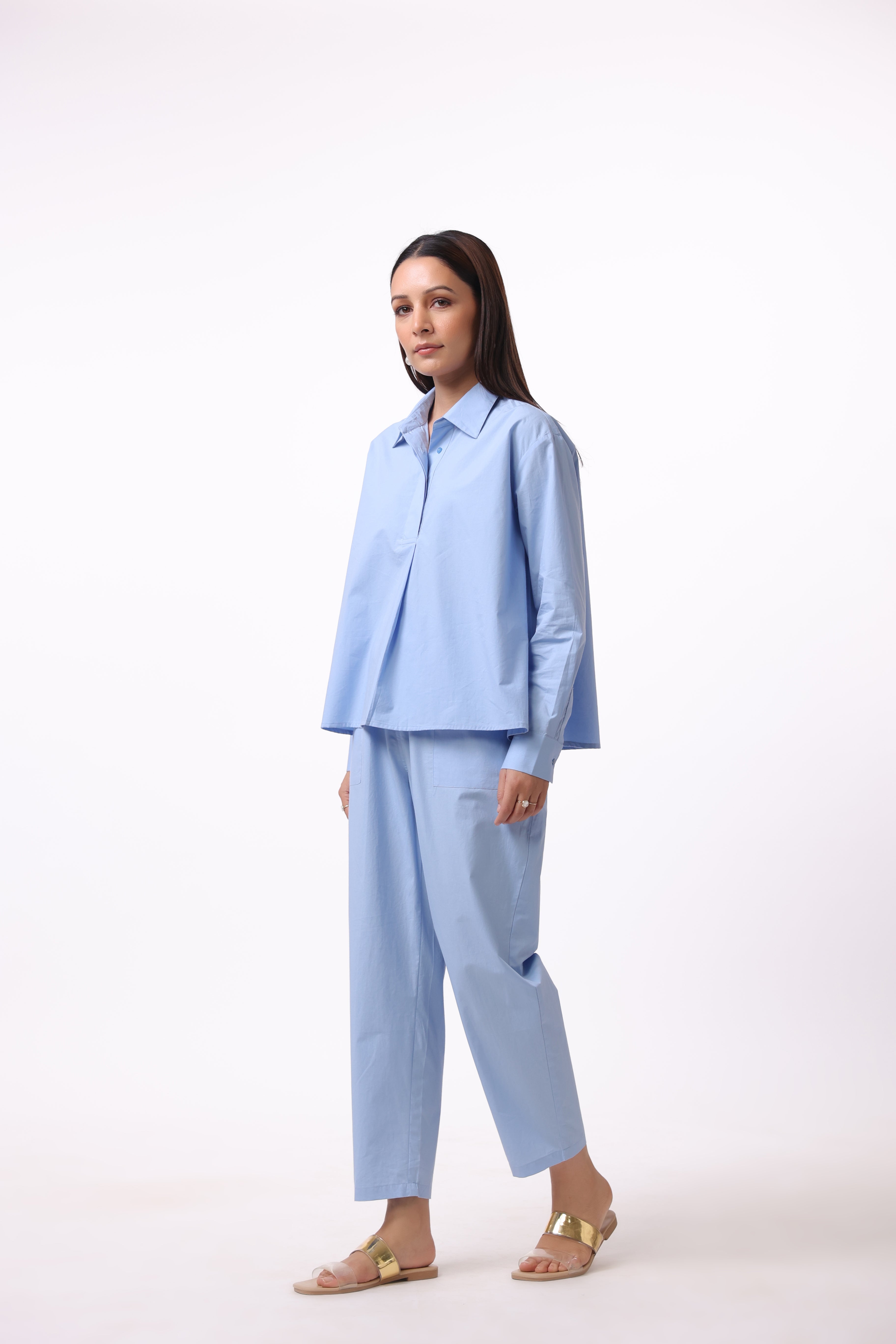 Women Blue Solid Cotton Top & Pant Co-Ord Set