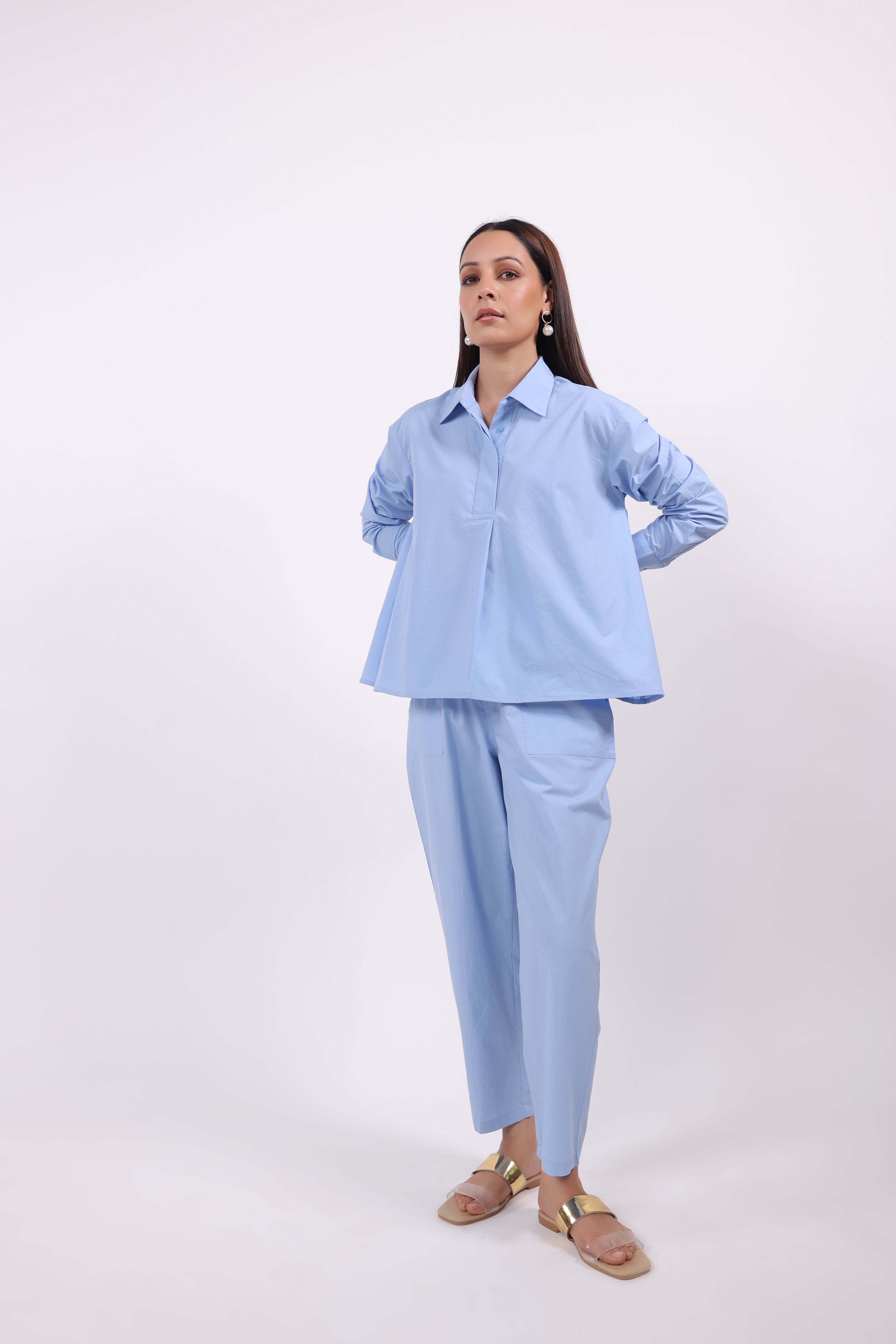 Women Blue Solid Cotton Top & Pant Co-Ord Set