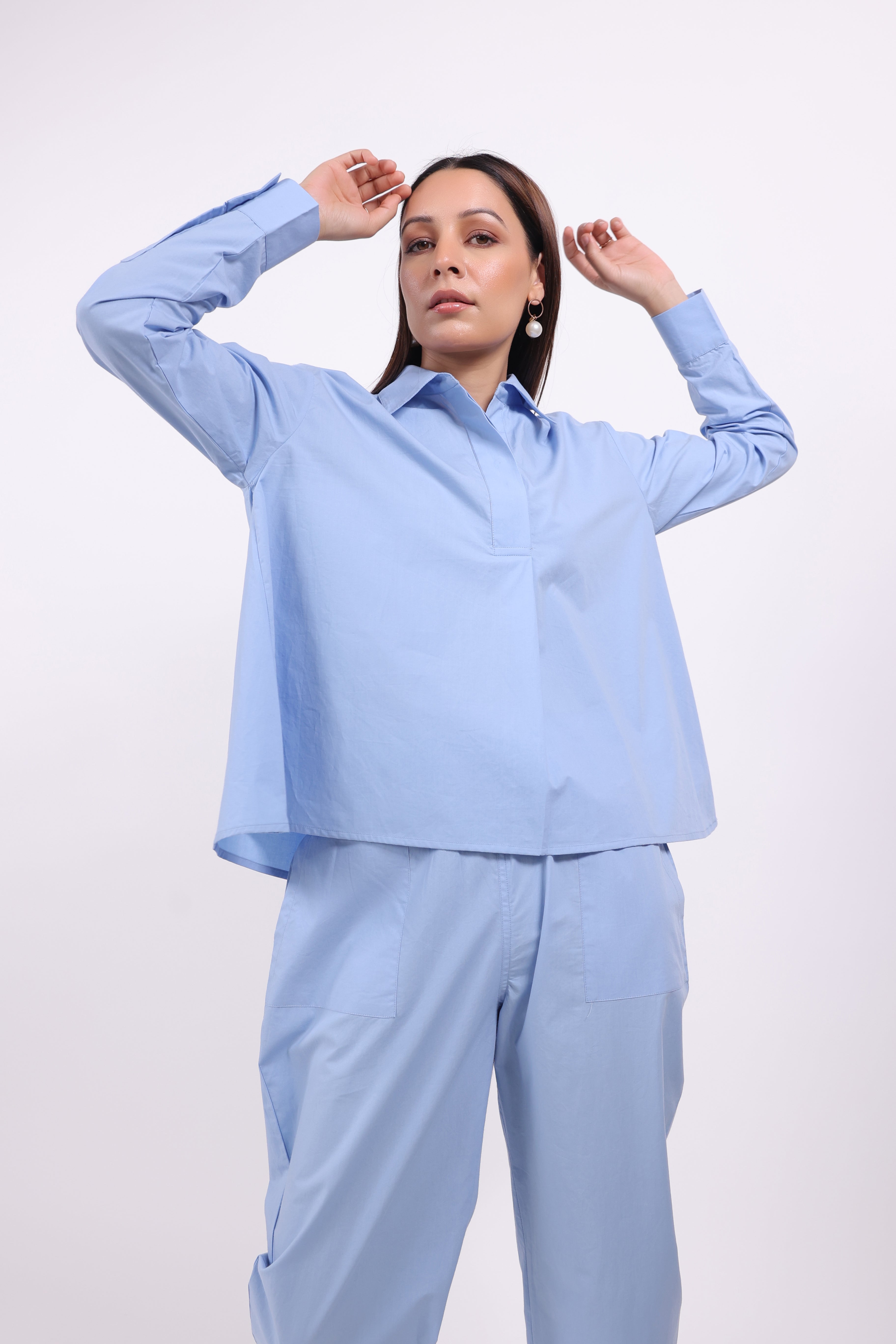 Women Blue Solid Cotton Top