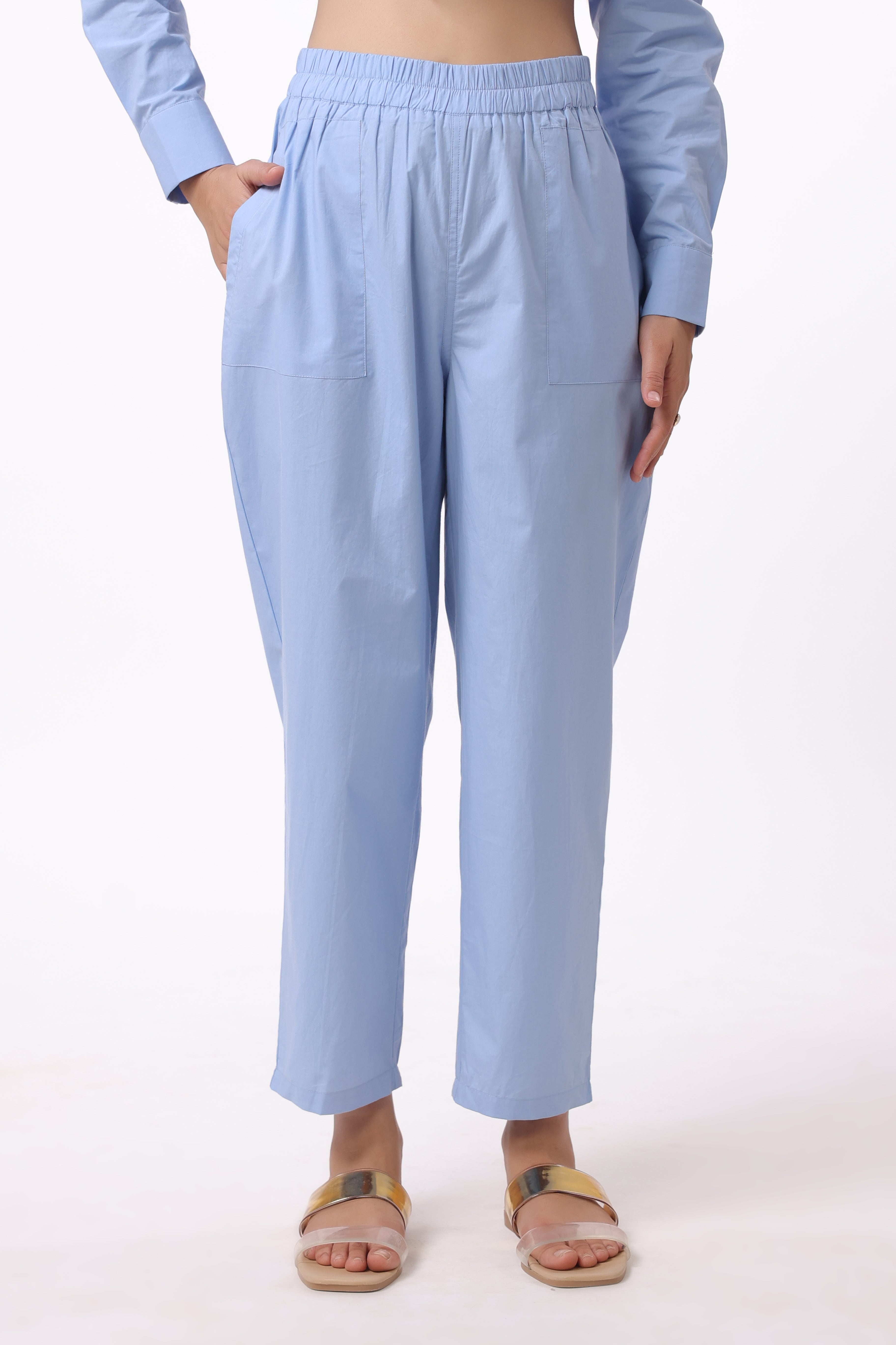 Women Blue Solid Cotton Pant