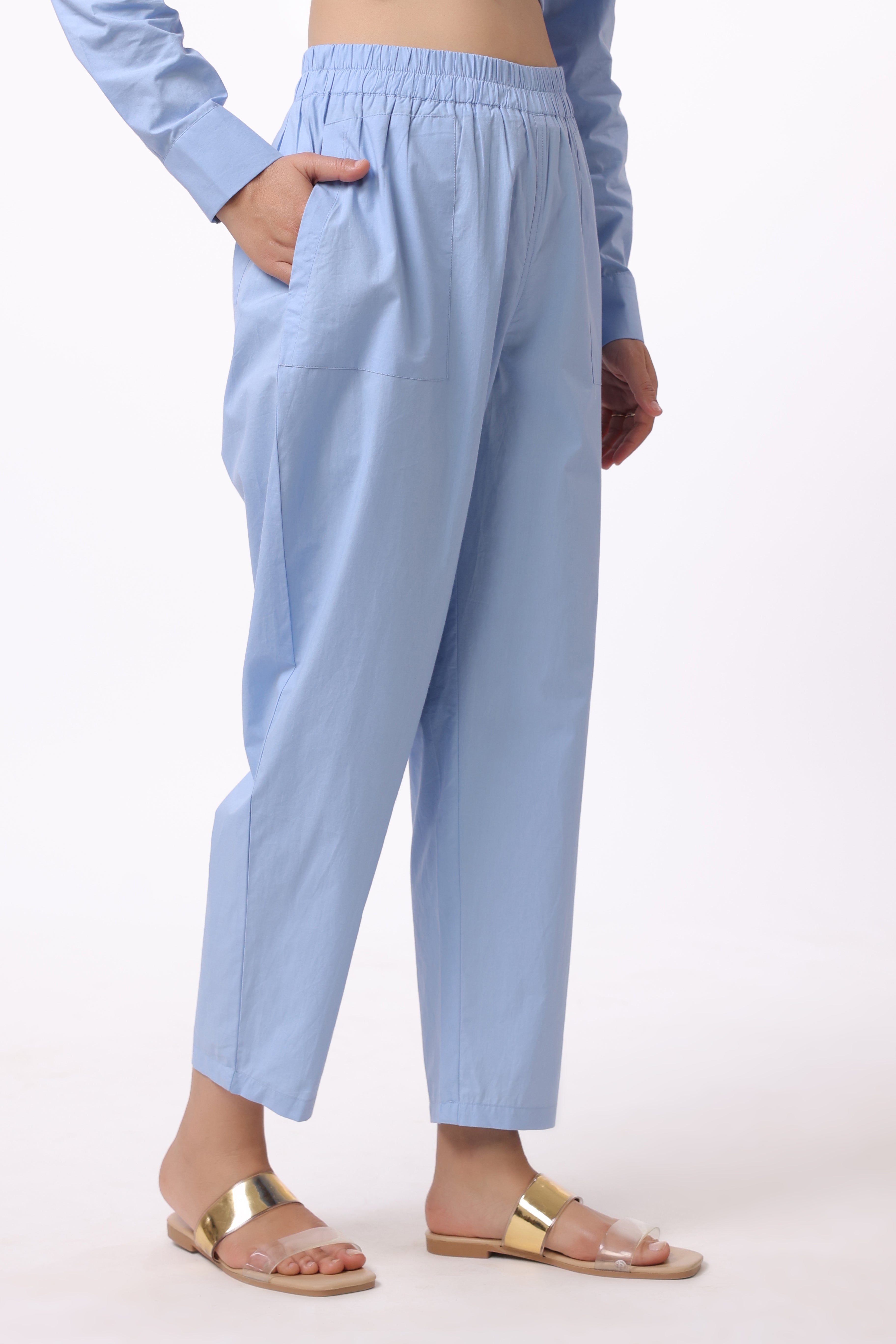 Women Blue Solid Cotton Pant