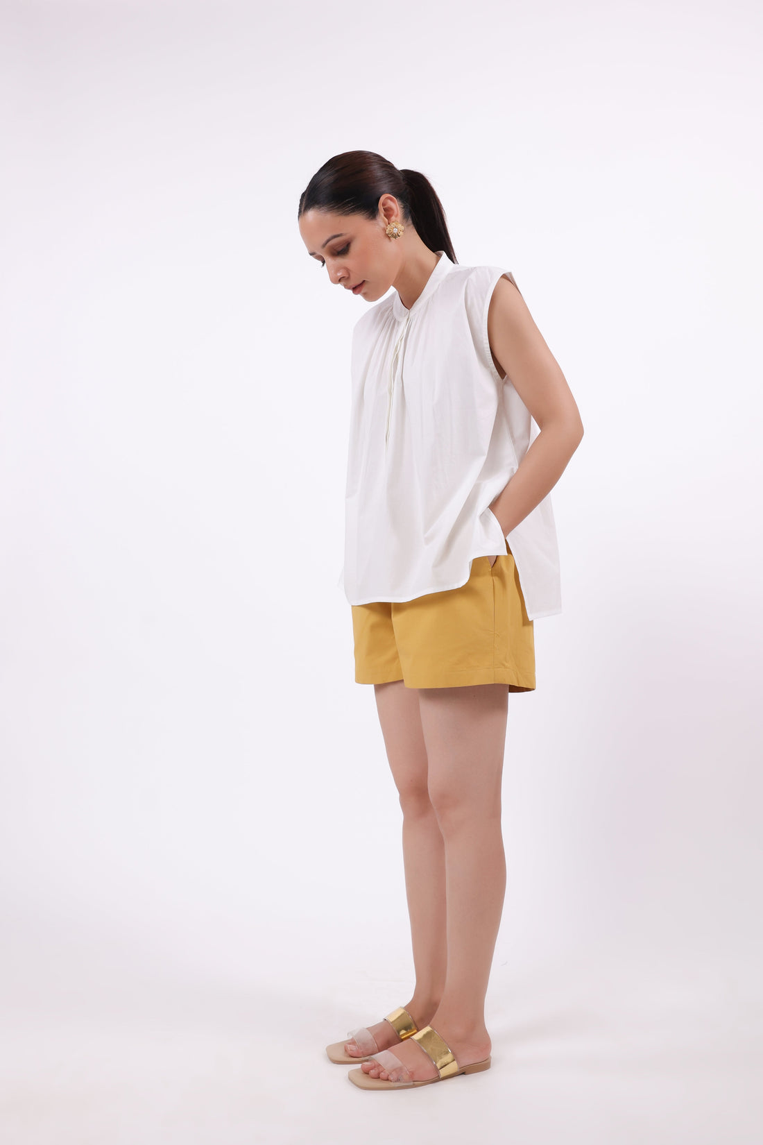 Women’s White Cotton Top with Yellow Cotton Shorts Co-Ord Set