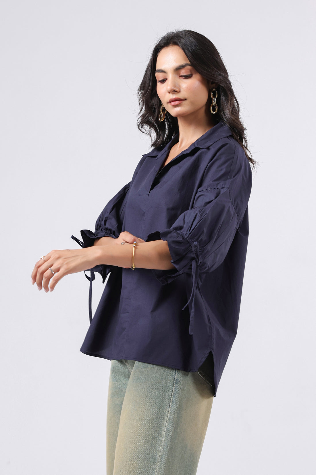 Women’s Navy Cotton Poplin Top
