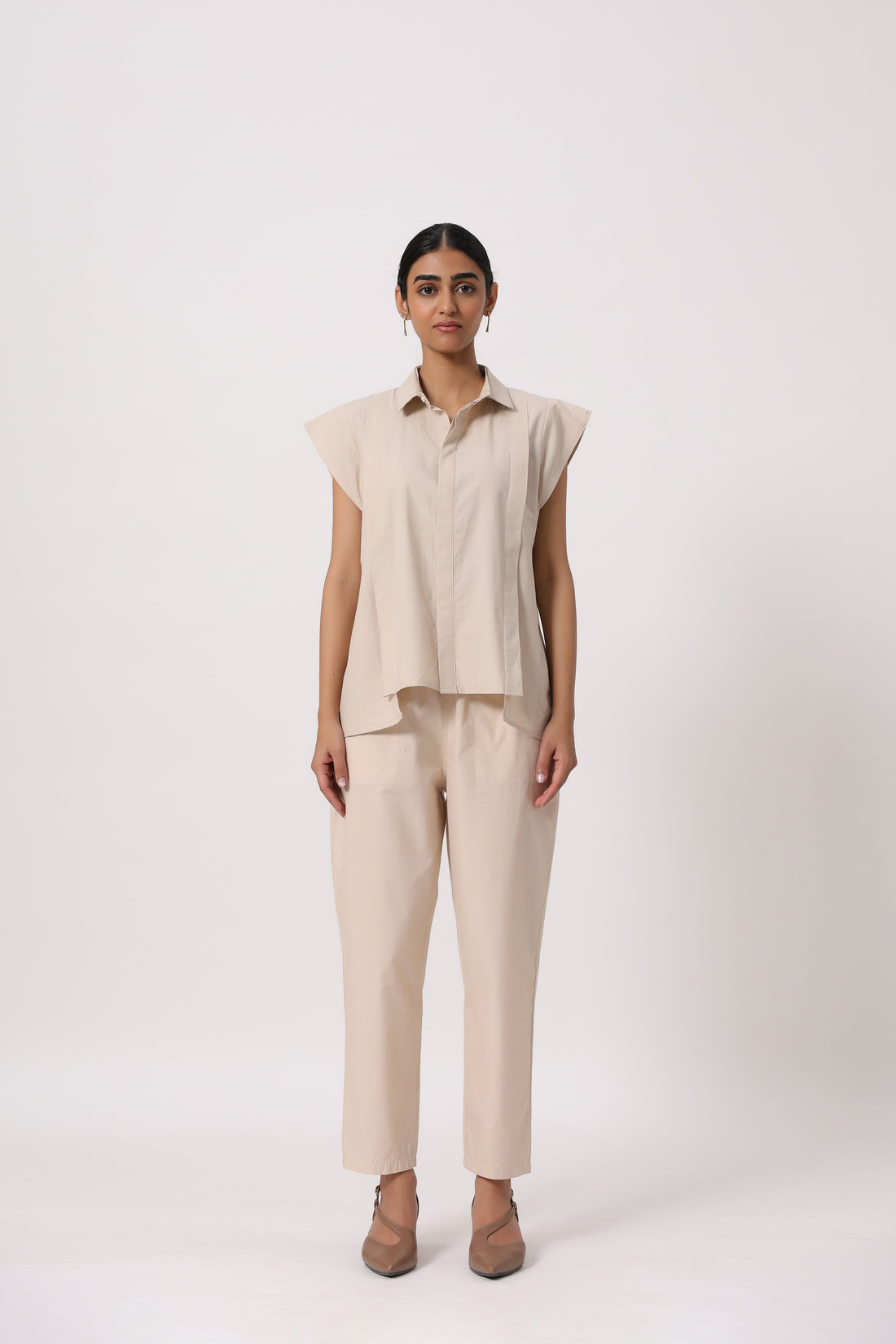 Women’s Beige Cotton Top with Beige Pants Co-Ord Set