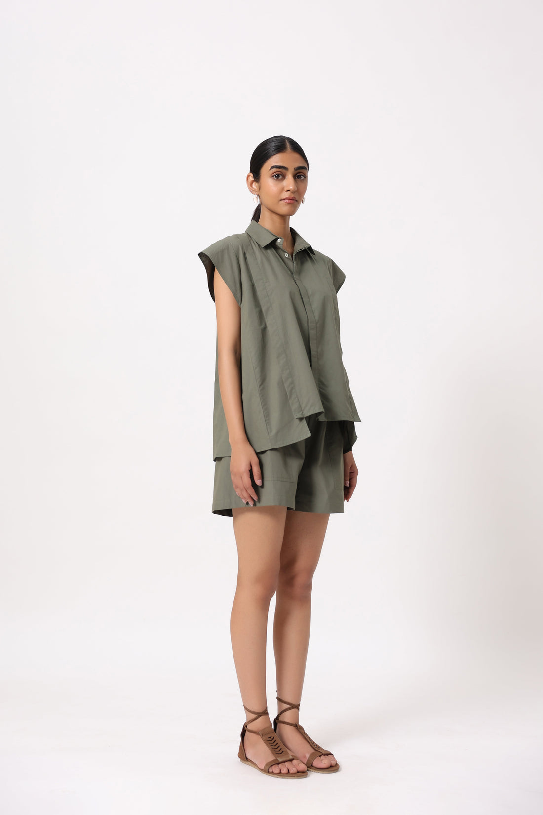 Women Khaki Green Solid Cotton Short Sleeve Shirt Collar Co-Ord Set