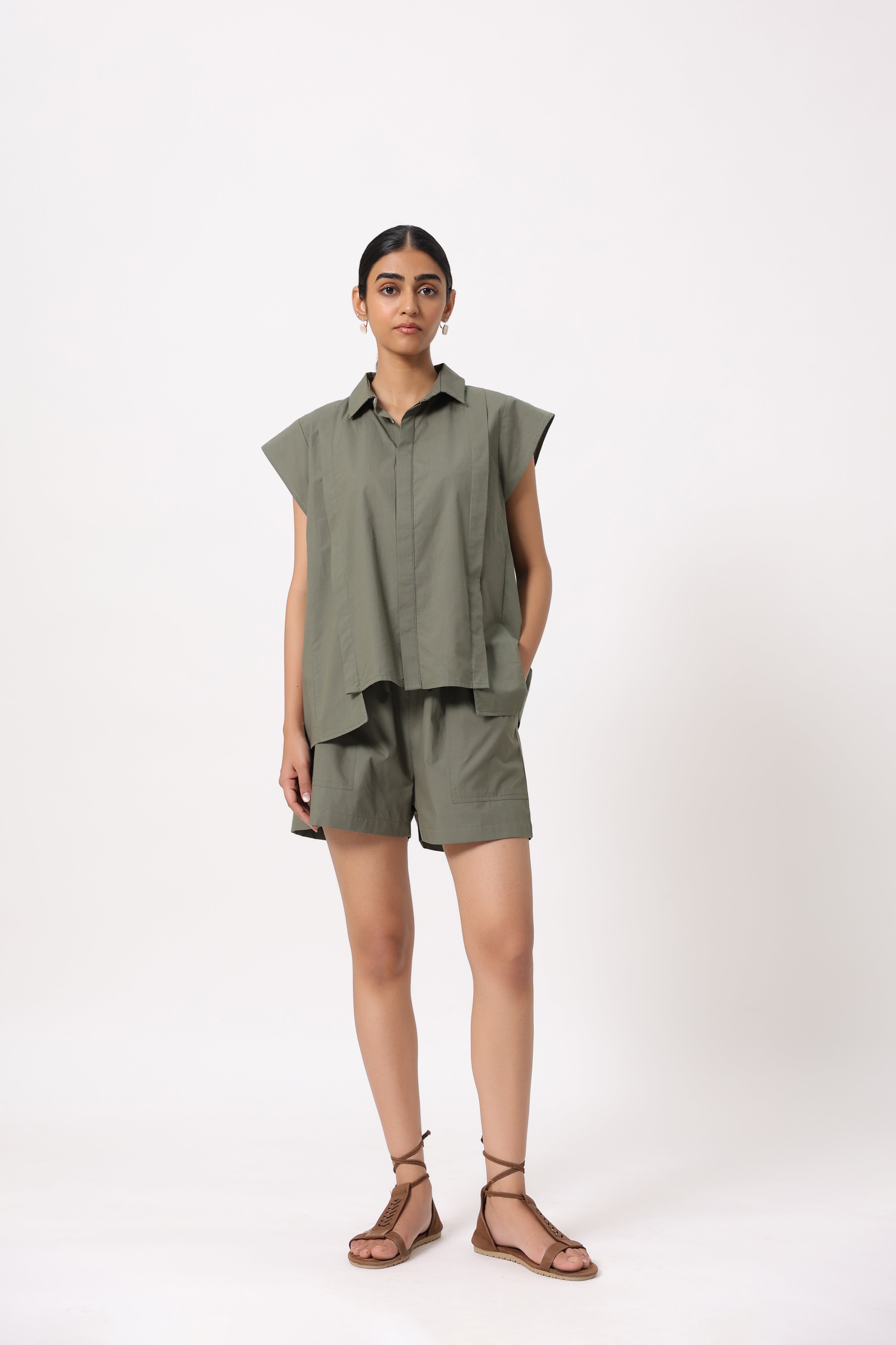 Women Khaki Green Solid Cotton Short Sleeve Shirt Collar Co-Ord Set
