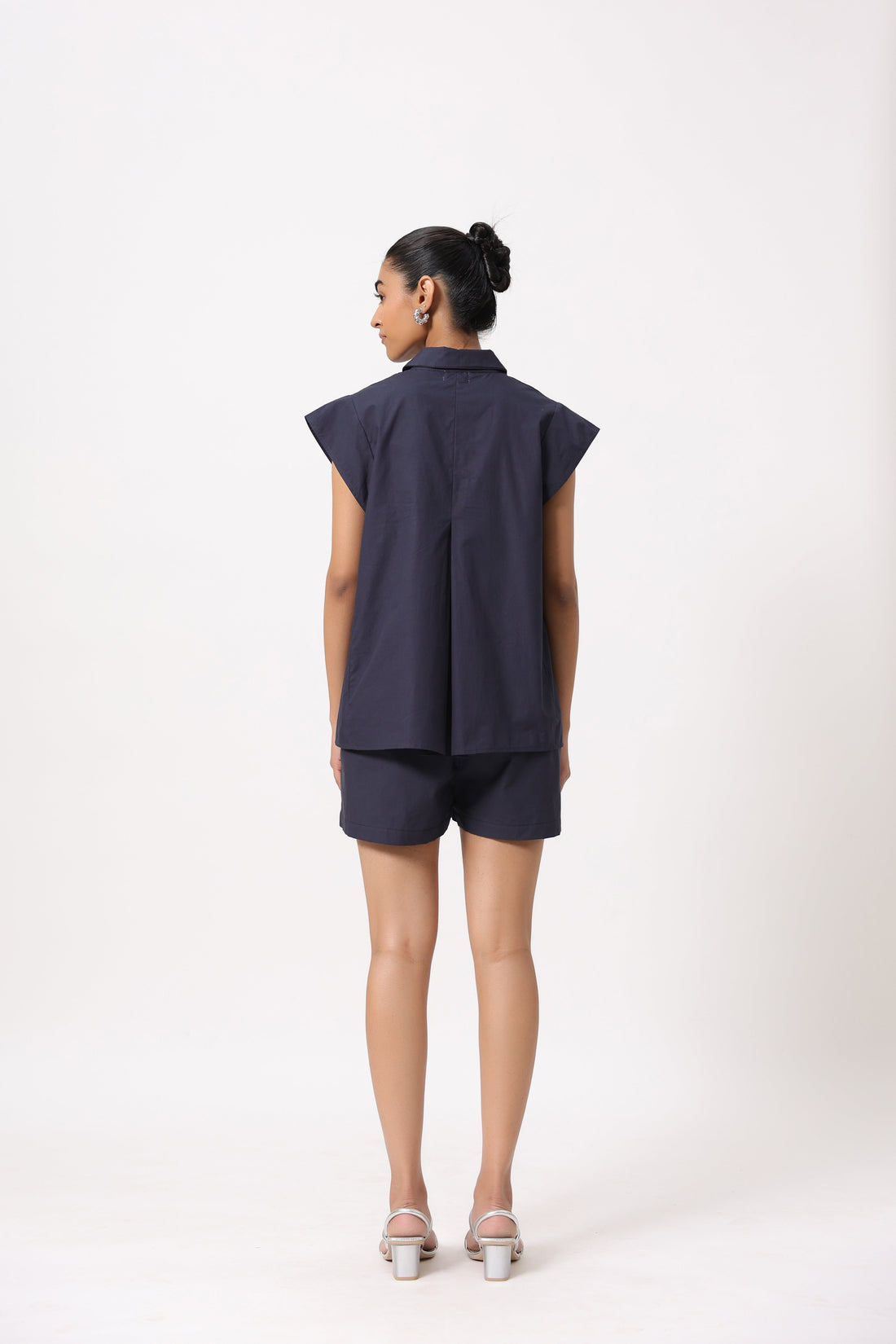 Women Navy Solid Cotton Short Sleeve Shirt Collar Co-Ord Set