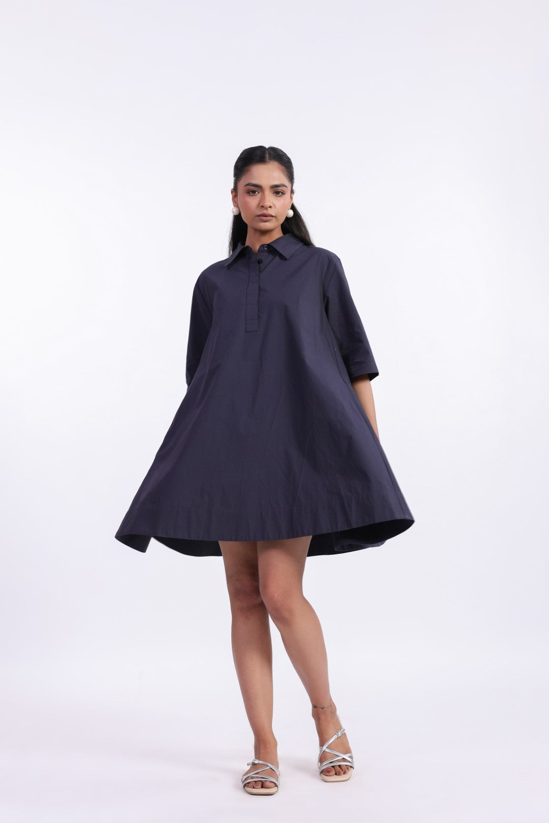 Women's Navy Solid Cotton Dress