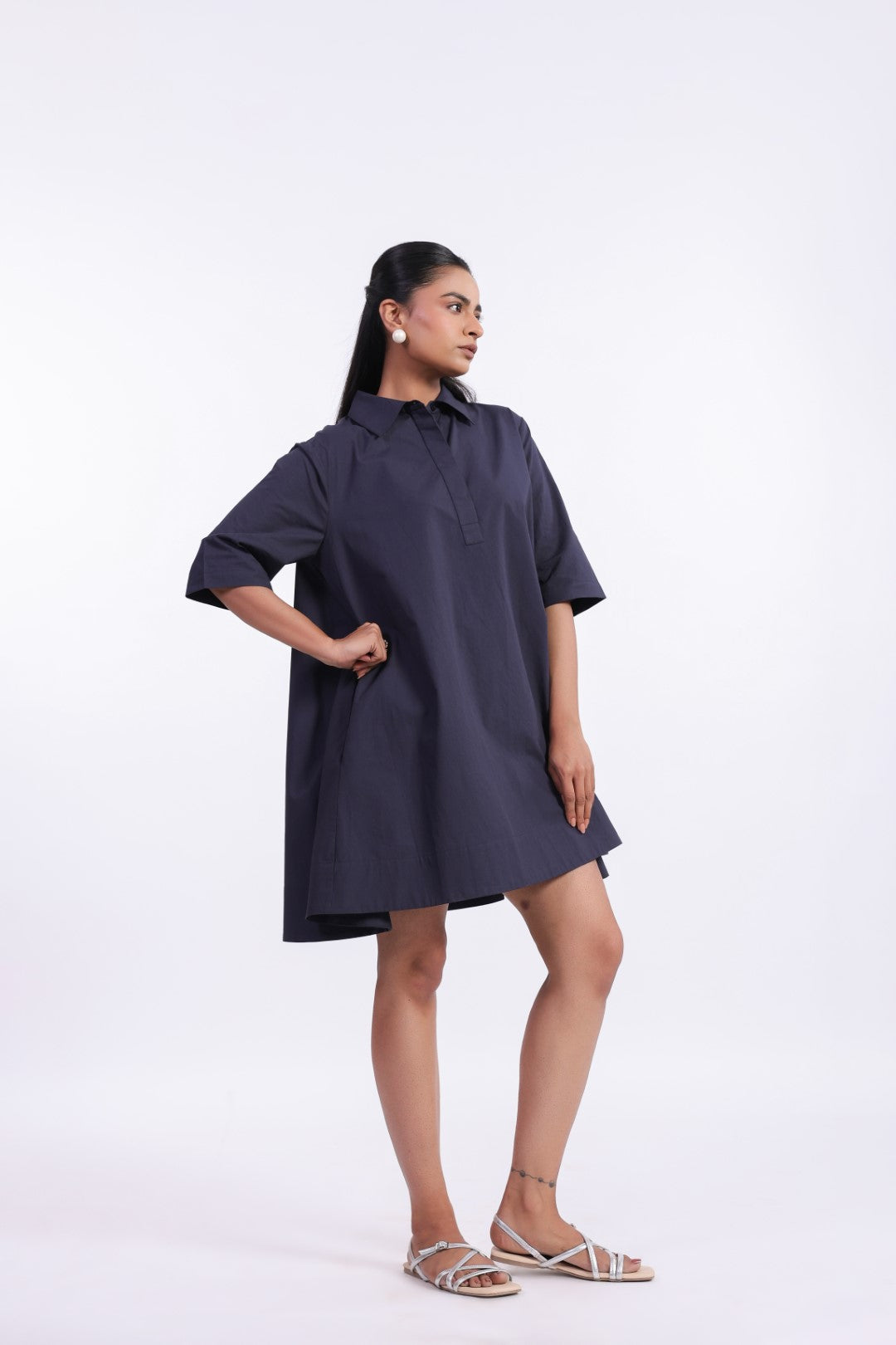 Women's Navy Solid Cotton Dress