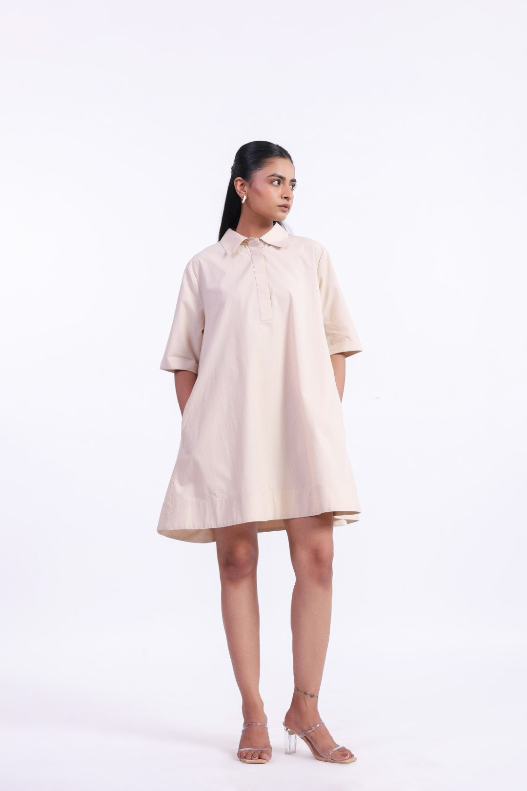 Women's Beige Solid Cotton Dress