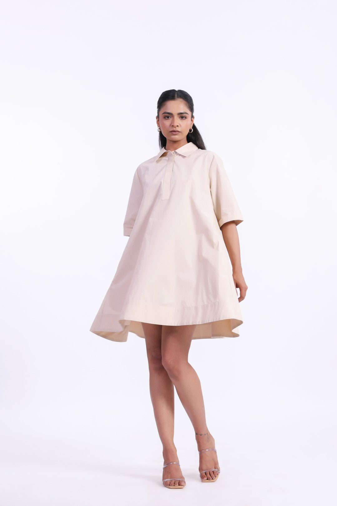 Women's Beige Solid Cotton Dress
