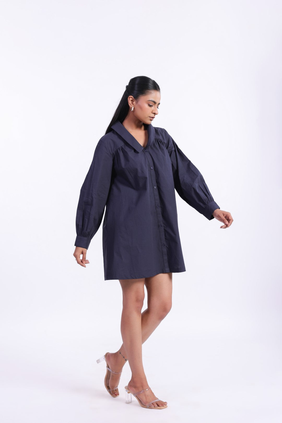 Women's Navy Solid Cotton Dress