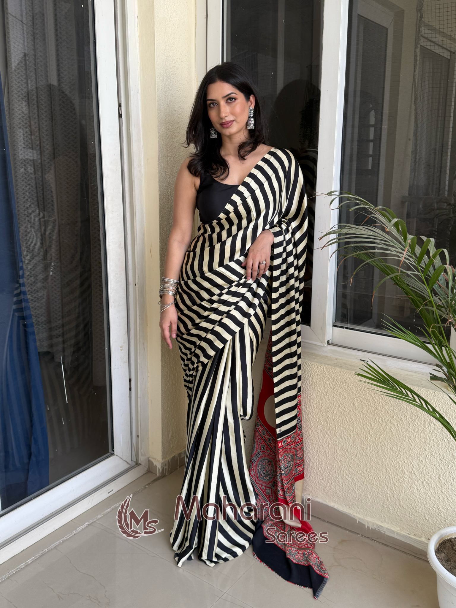 Eleboro Black Striped Ajrakh Hand-Printed Modal Silk Saree