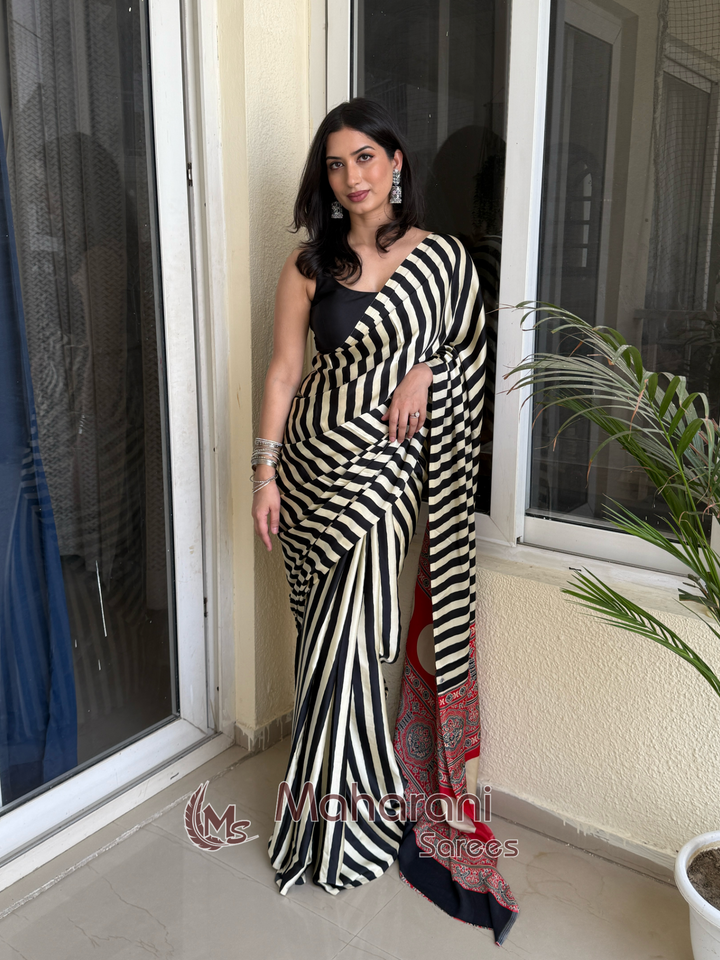 Eleboro Black Striped Ajrakh Hand-Printed Modal Silk Saree