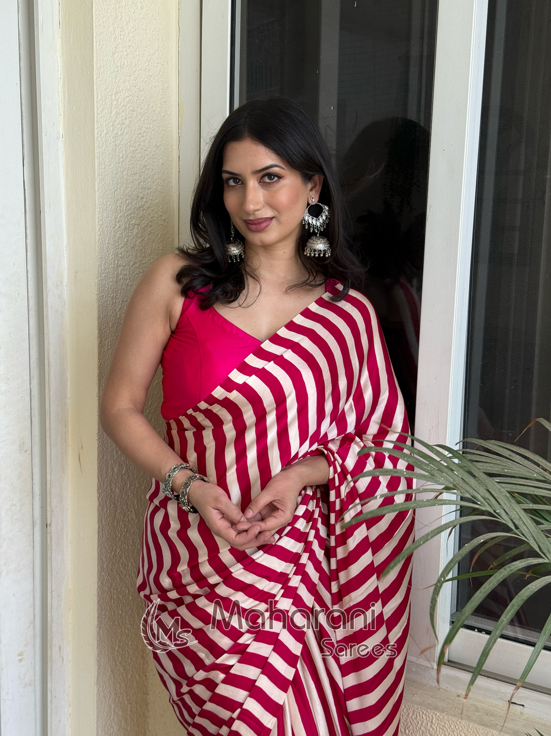Rose Pink Striped Ajrakh Hand-Printed Modal Silk Saree