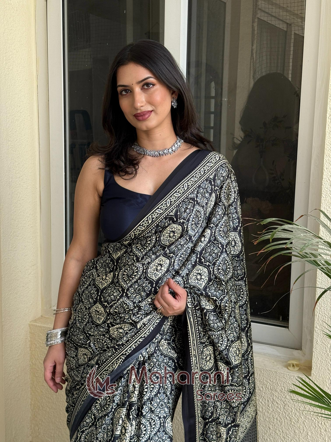 Sable Black Ajrakh Printed Soft Modal Silk Natural Print Saree