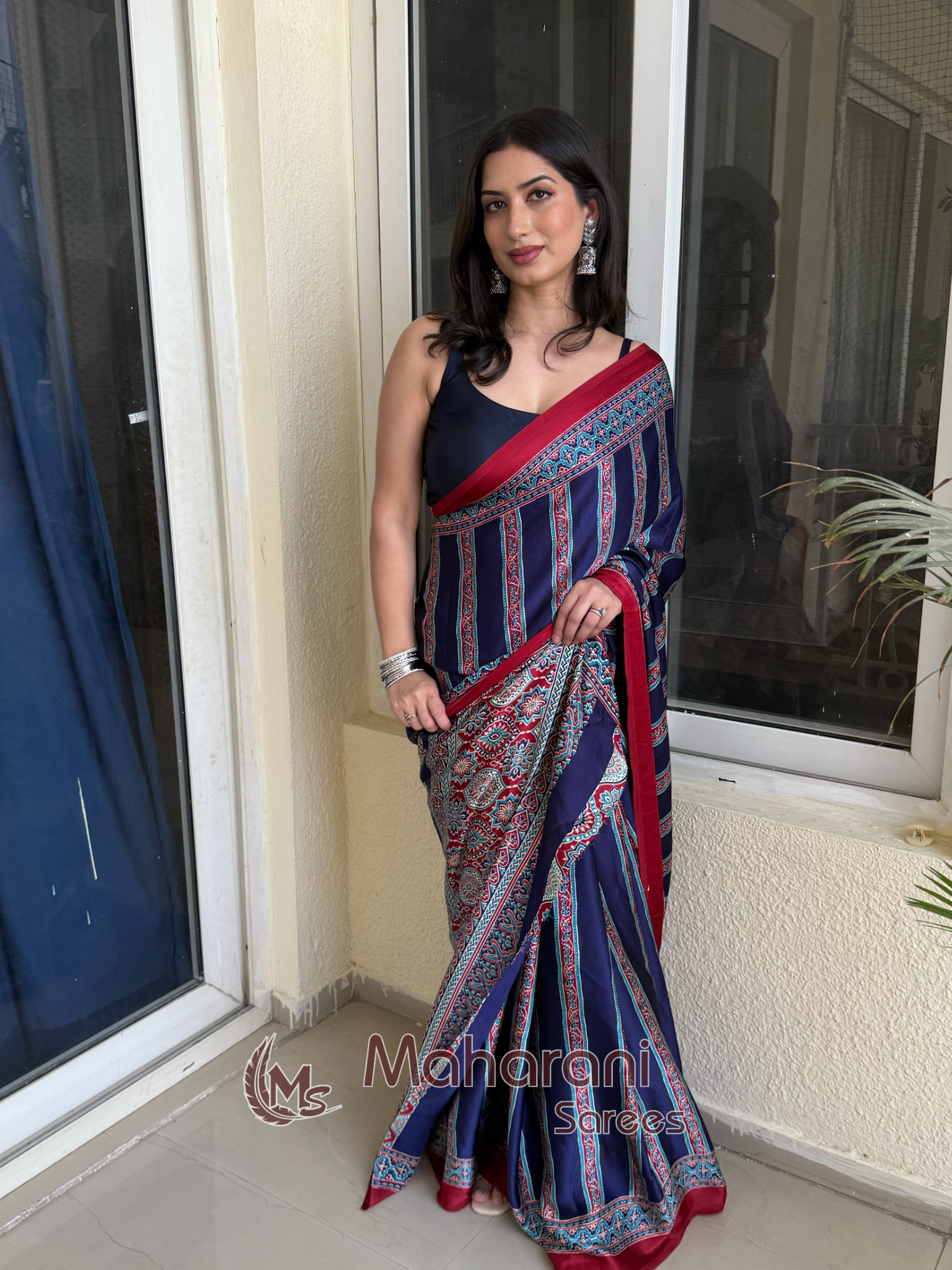 Bluebells Striped Ajrakh Hand-Printed Modal Silk Saree