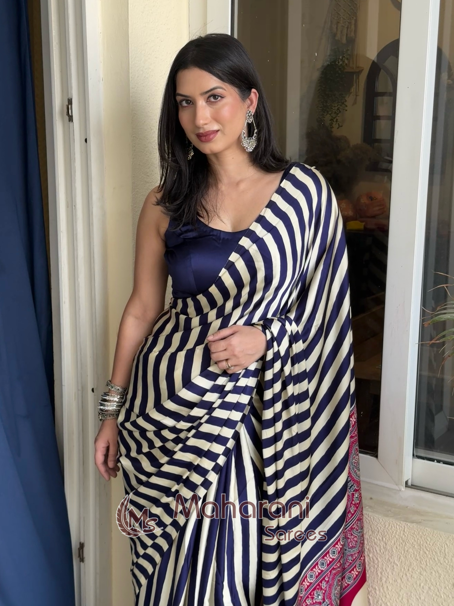 Lapis Blue Striped Ajrakh Hand-Printed Modal Silk Saree