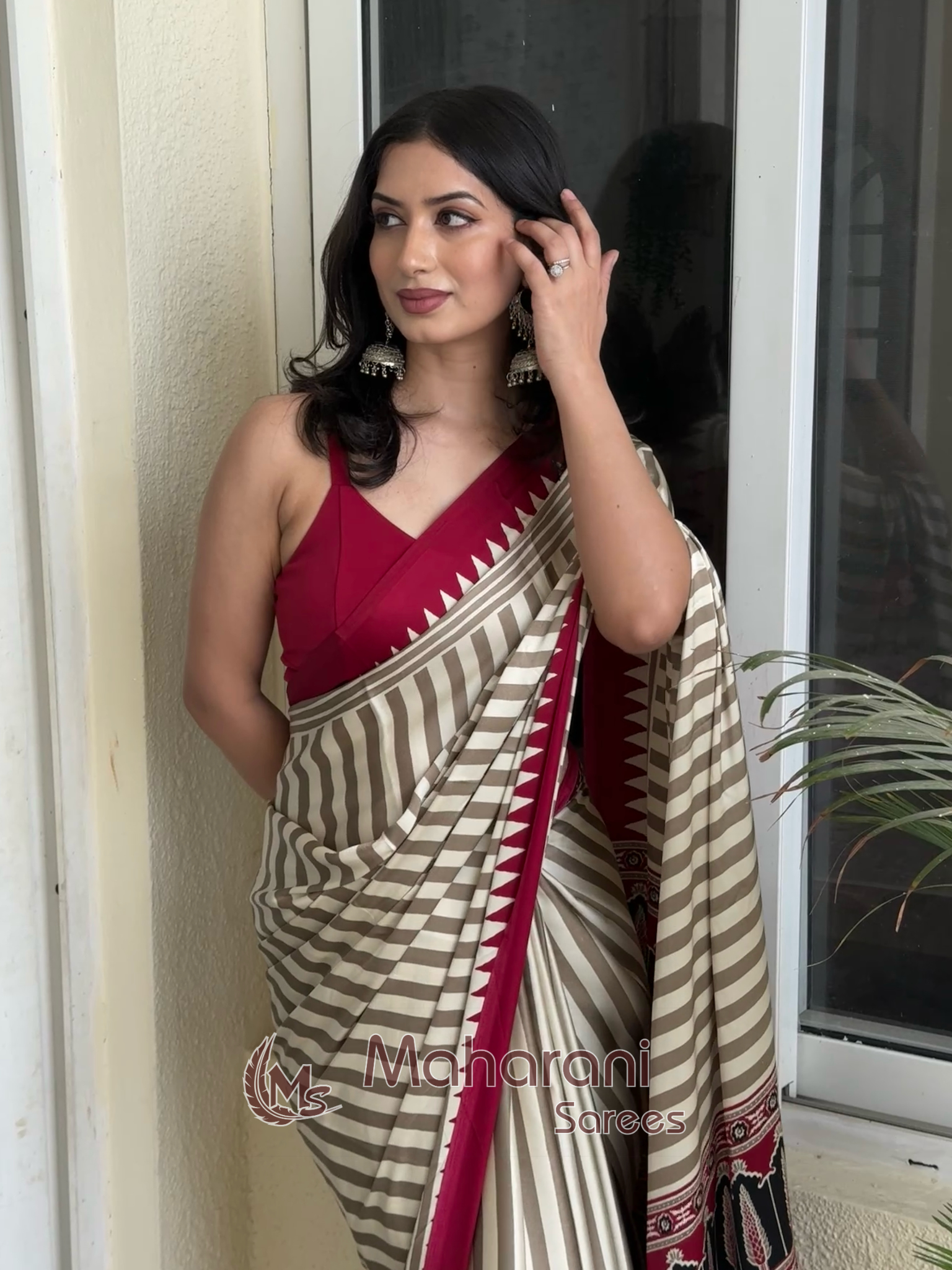 Creamy With Maroon Border Ajrakh Hand-Printed Modal Silk Saree