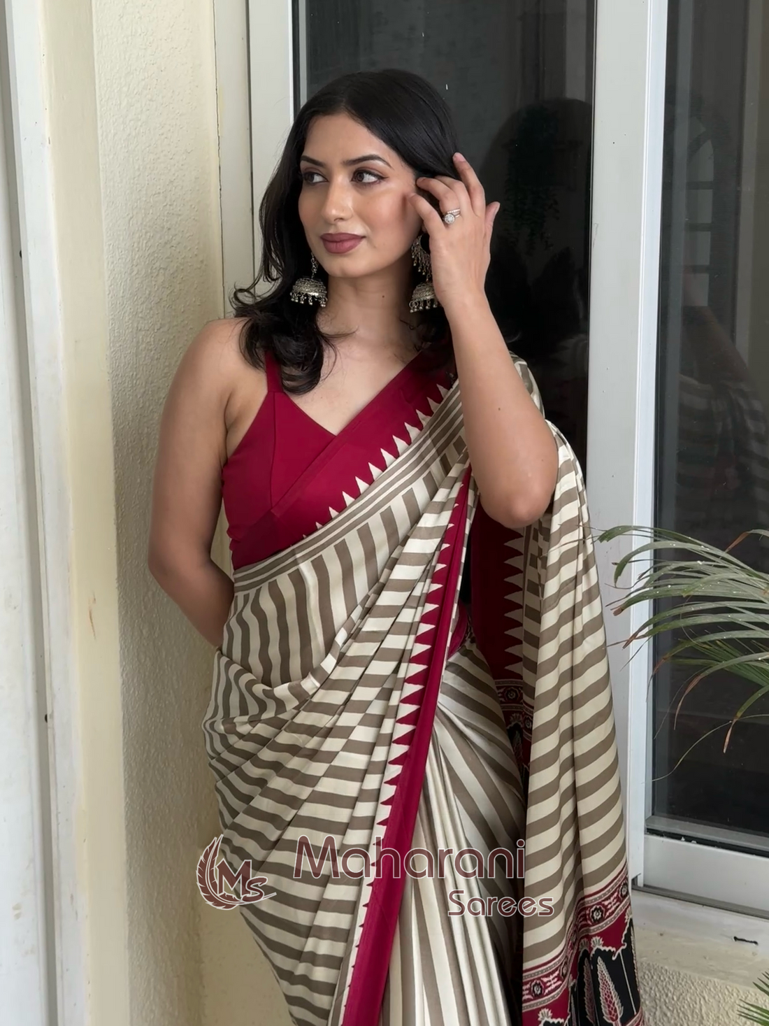 Creamy With Maroon Border Ajrakh Hand-Printed Modal Silk Saree